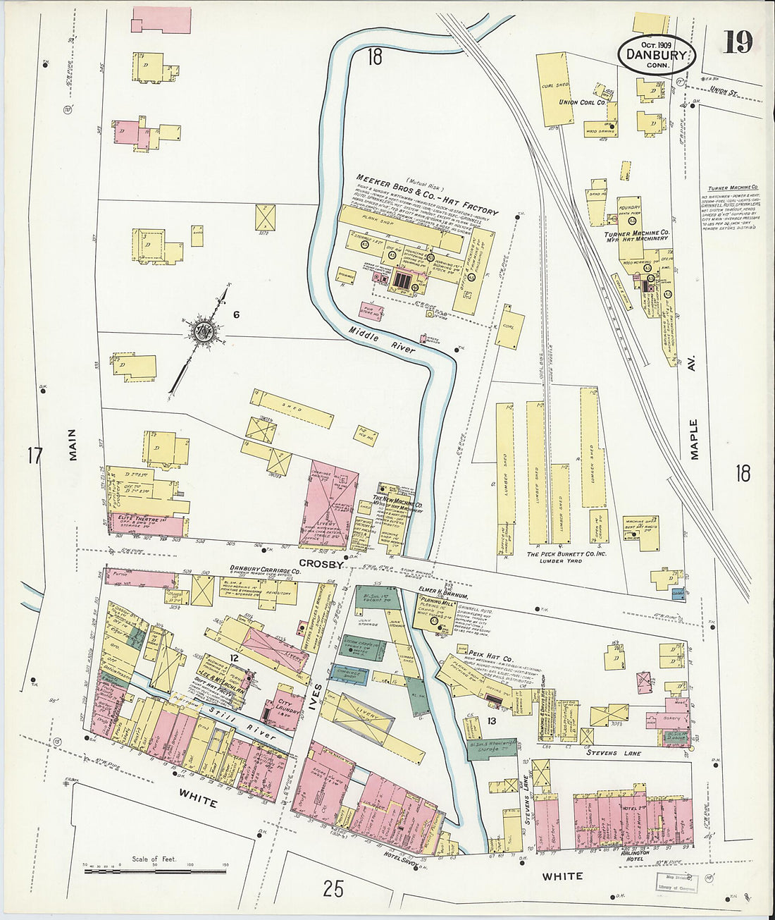 This old map of Danbury, Fairfield County, Connecticut was created by Sanborn Map Company in 1909