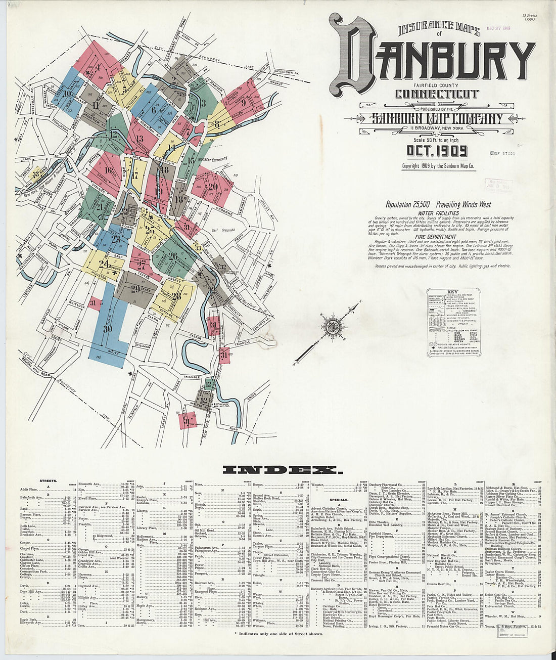 This old map of Danbury, Fairfield County, Connecticut was created by Sanborn Map Company in 1909