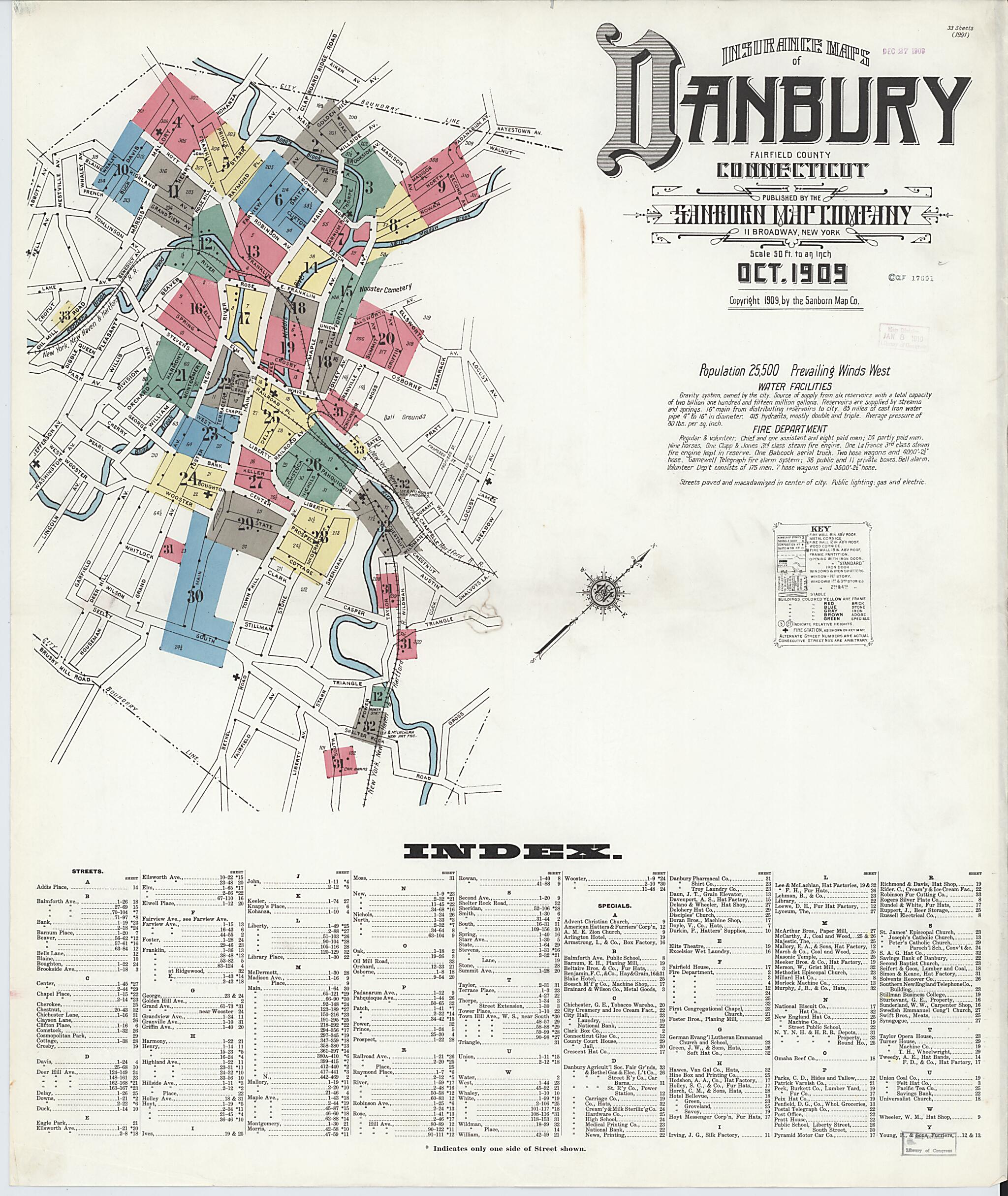 This old map of Danbury, Fairfield County, Connecticut was created by Sanborn Map Company in 1909
