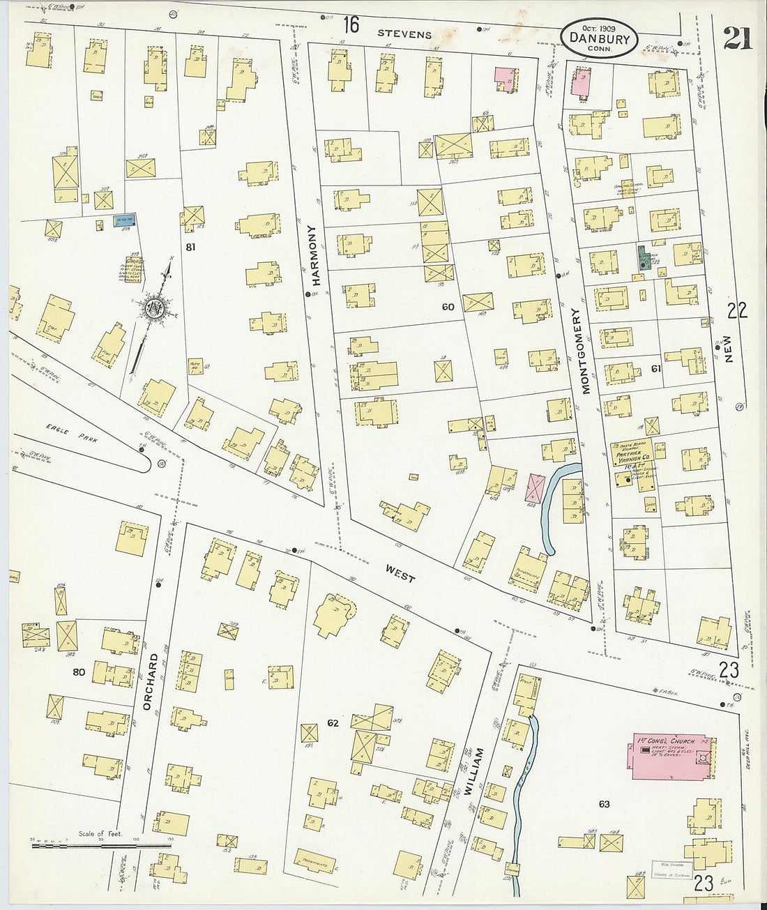 This old map of Danbury, Fairfield County, Connecticut was created by Sanborn Map Company in 1909