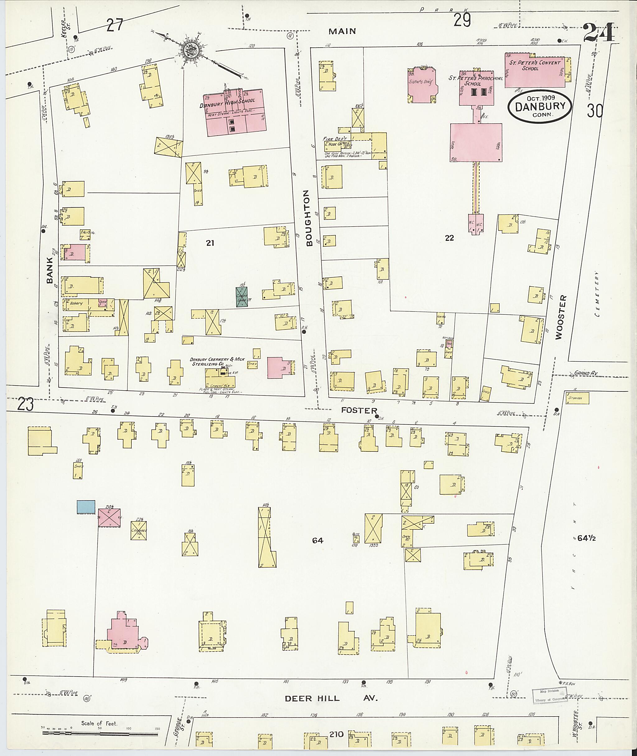 This old map of Danbury, Fairfield County, Connecticut was created by Sanborn Map Company in 1909