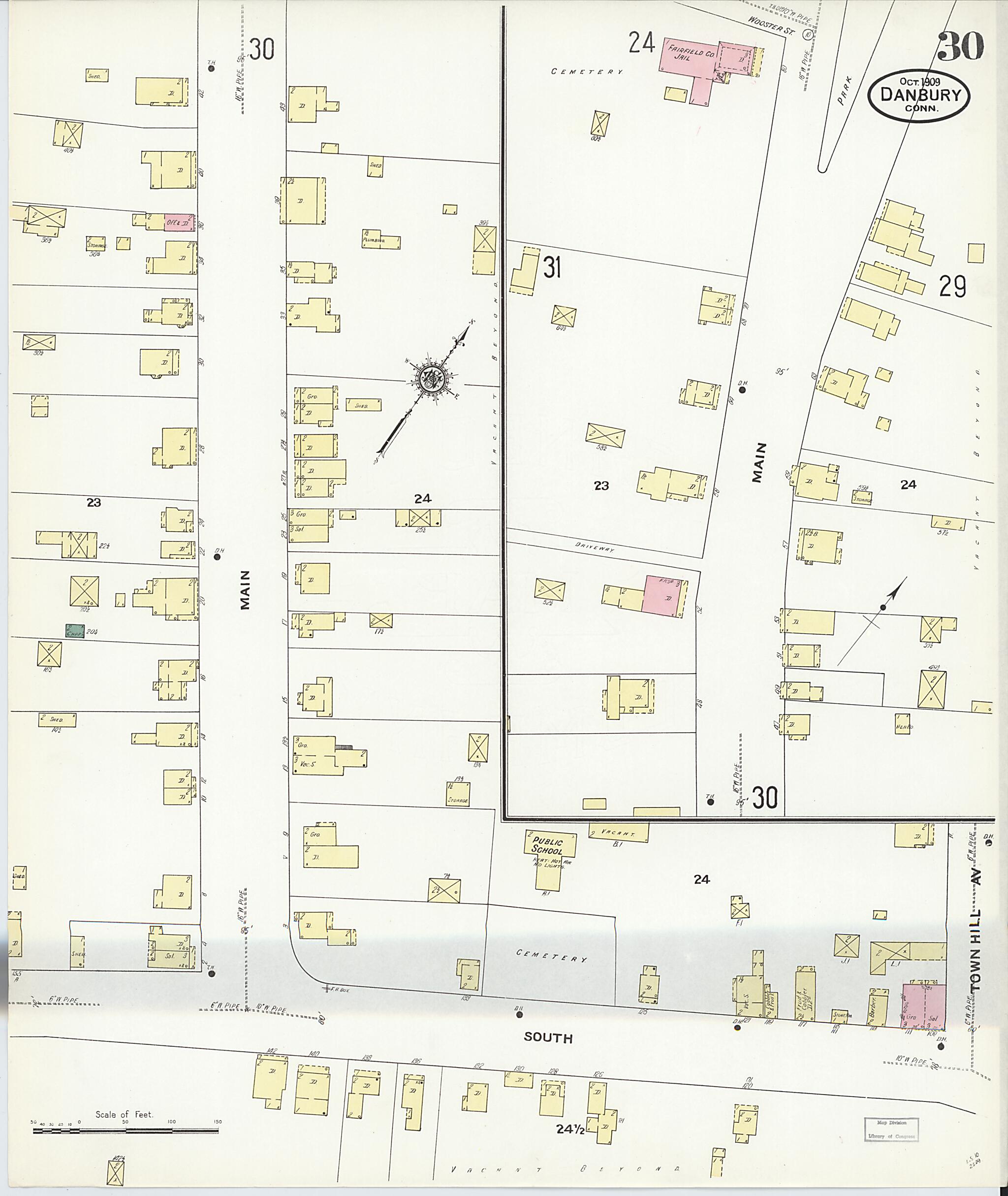 This old map of Danbury, Fairfield County, Connecticut was created by Sanborn Map Company in 1909