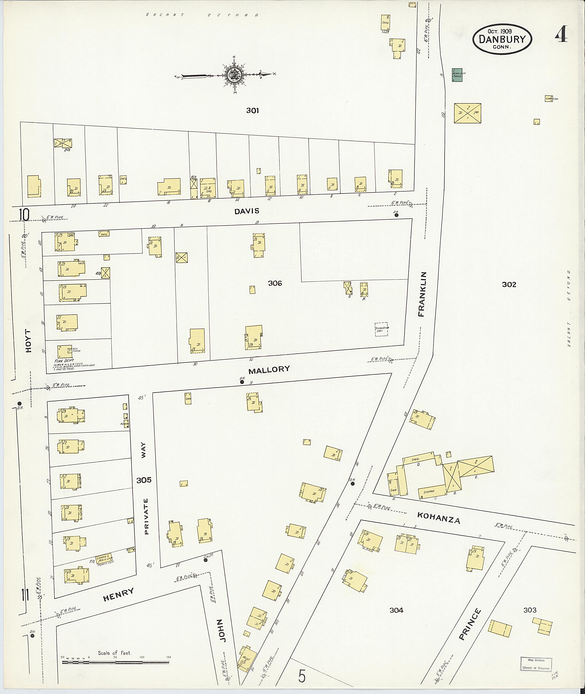 This old map of Danbury, Fairfield County, Connecticut was created by Sanborn Map Company in 1909