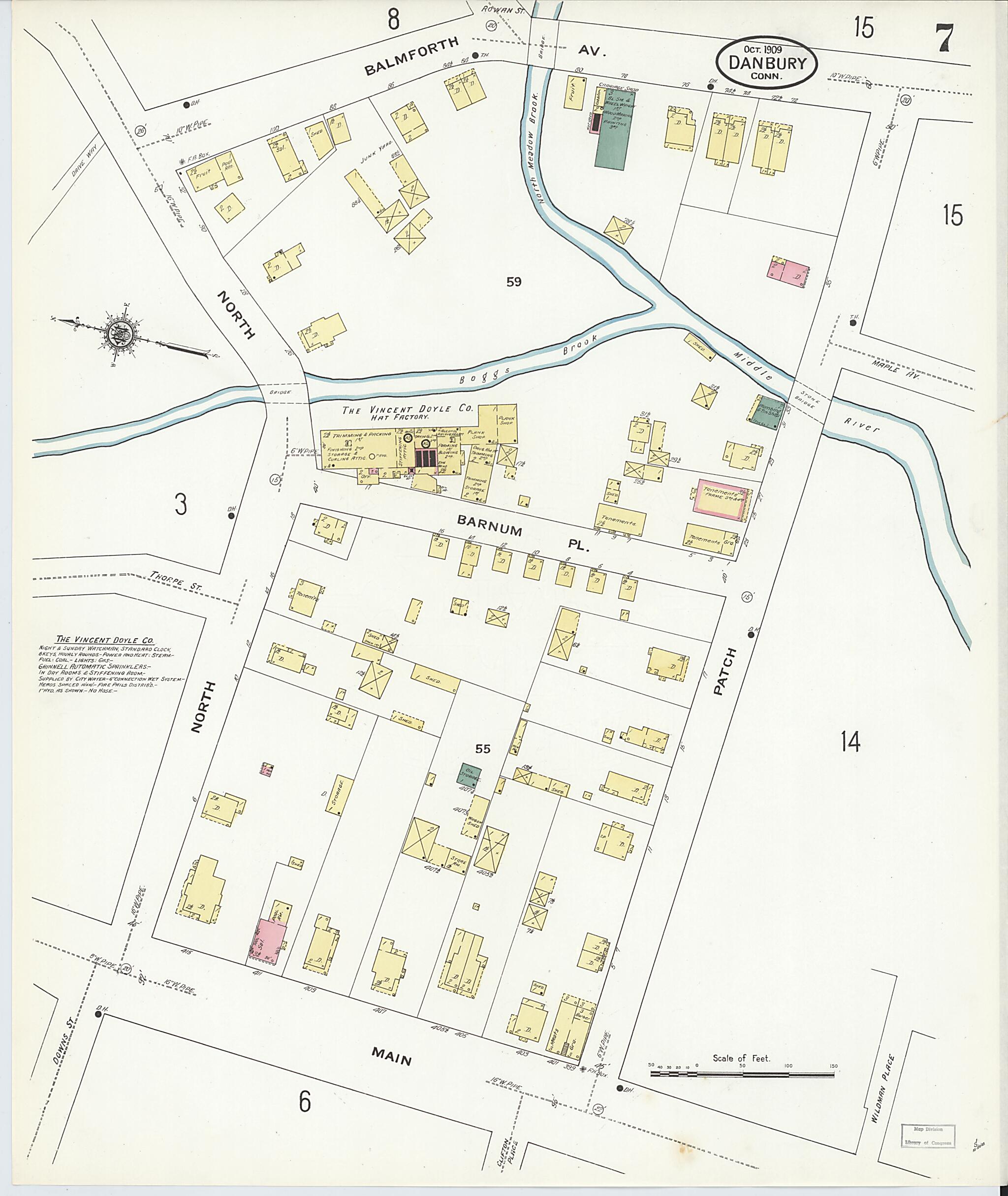 This old map of Danbury, Fairfield County, Connecticut was created by Sanborn Map Company in 1909