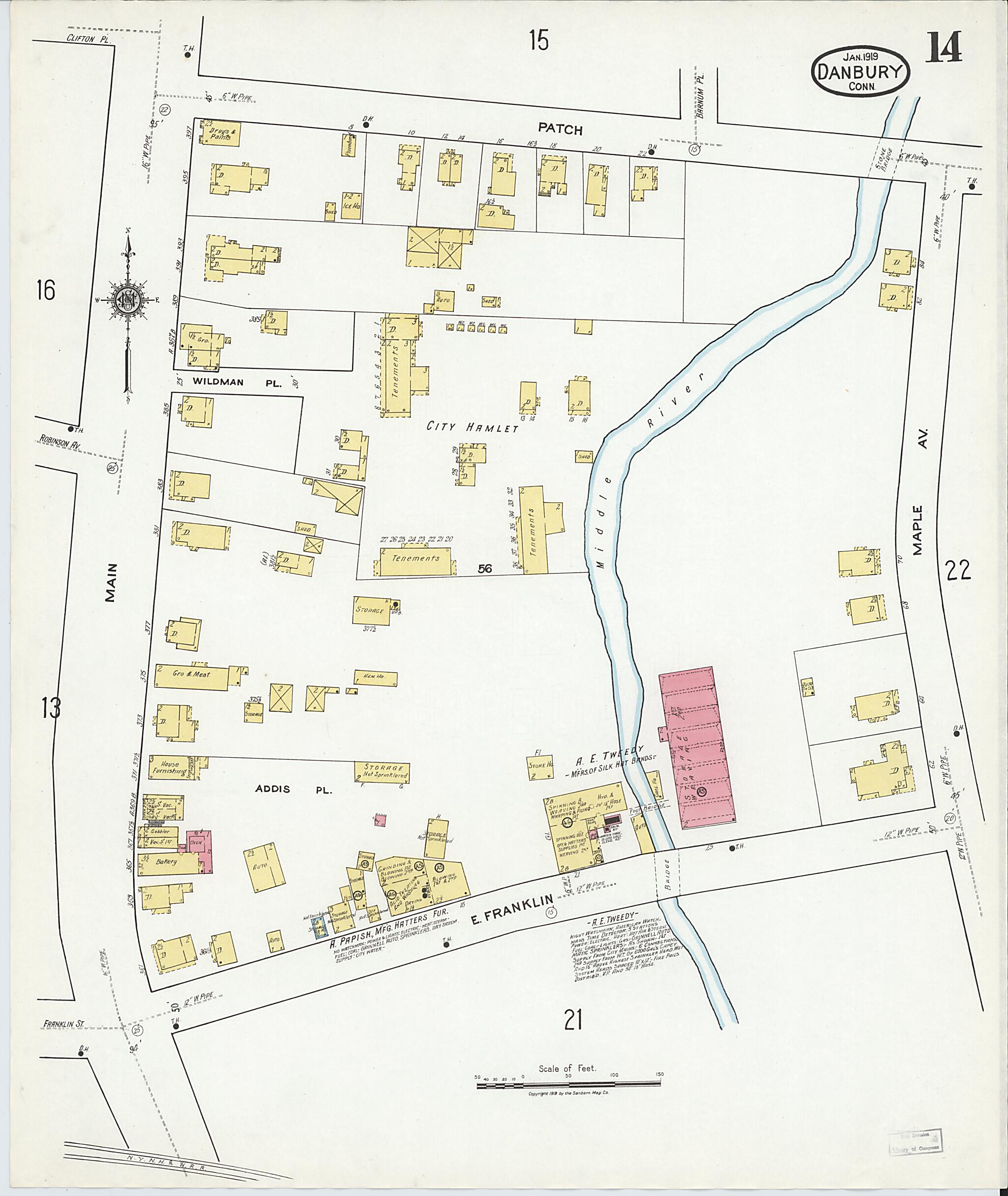 This old map of Danbury, Fairfield County, Connecticut was created by Sanborn Map Company in 1919