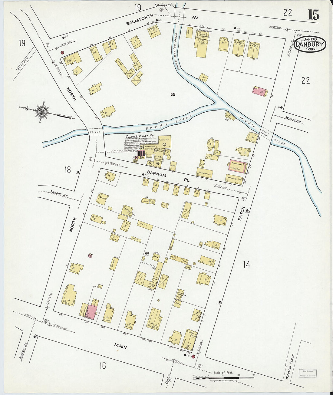 This old map of Danbury, Fairfield County, Connecticut was created by Sanborn Map Company in 1919