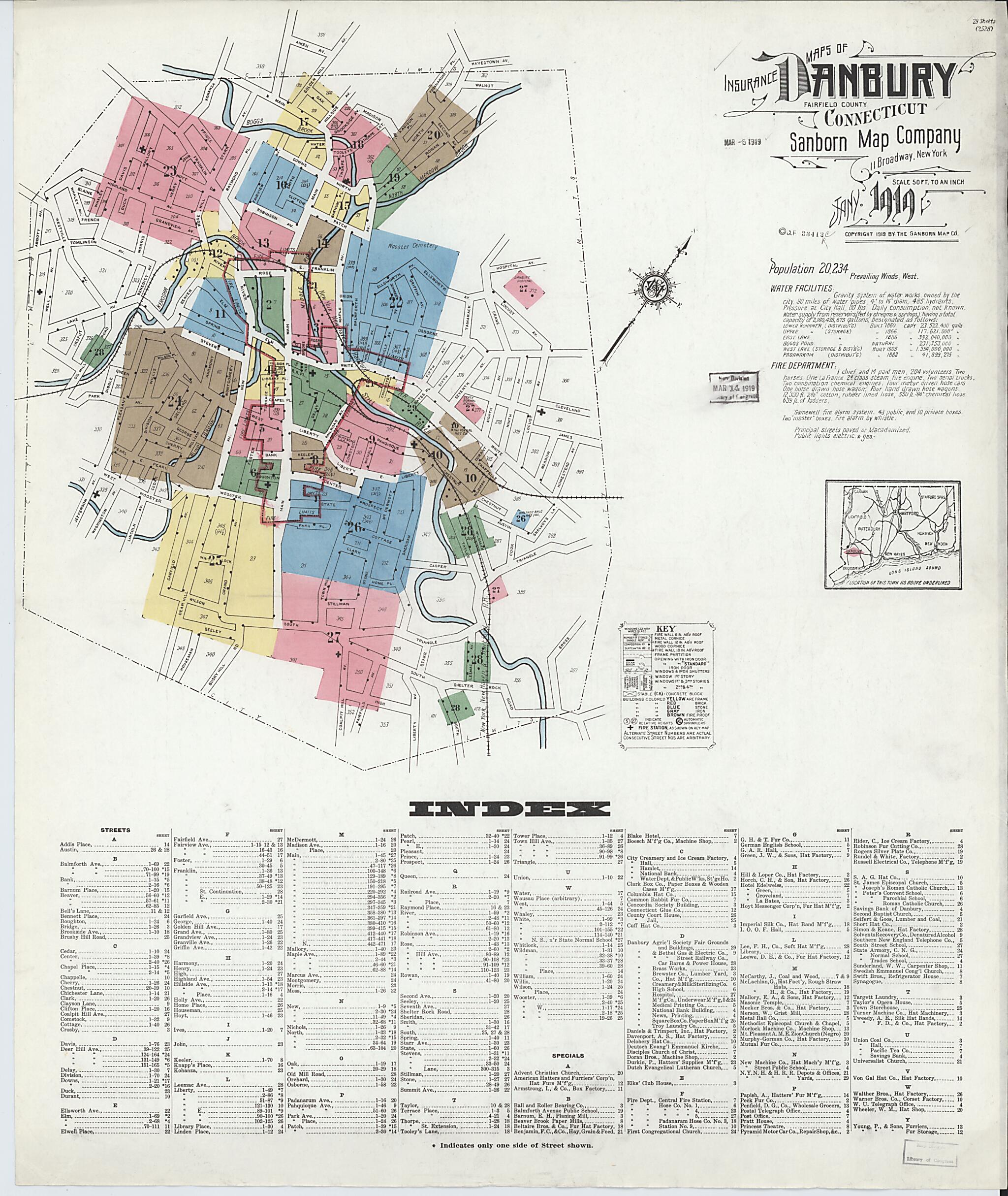 This old map of Danbury, Fairfield County, Connecticut was created by Sanborn Map Company in 1919
