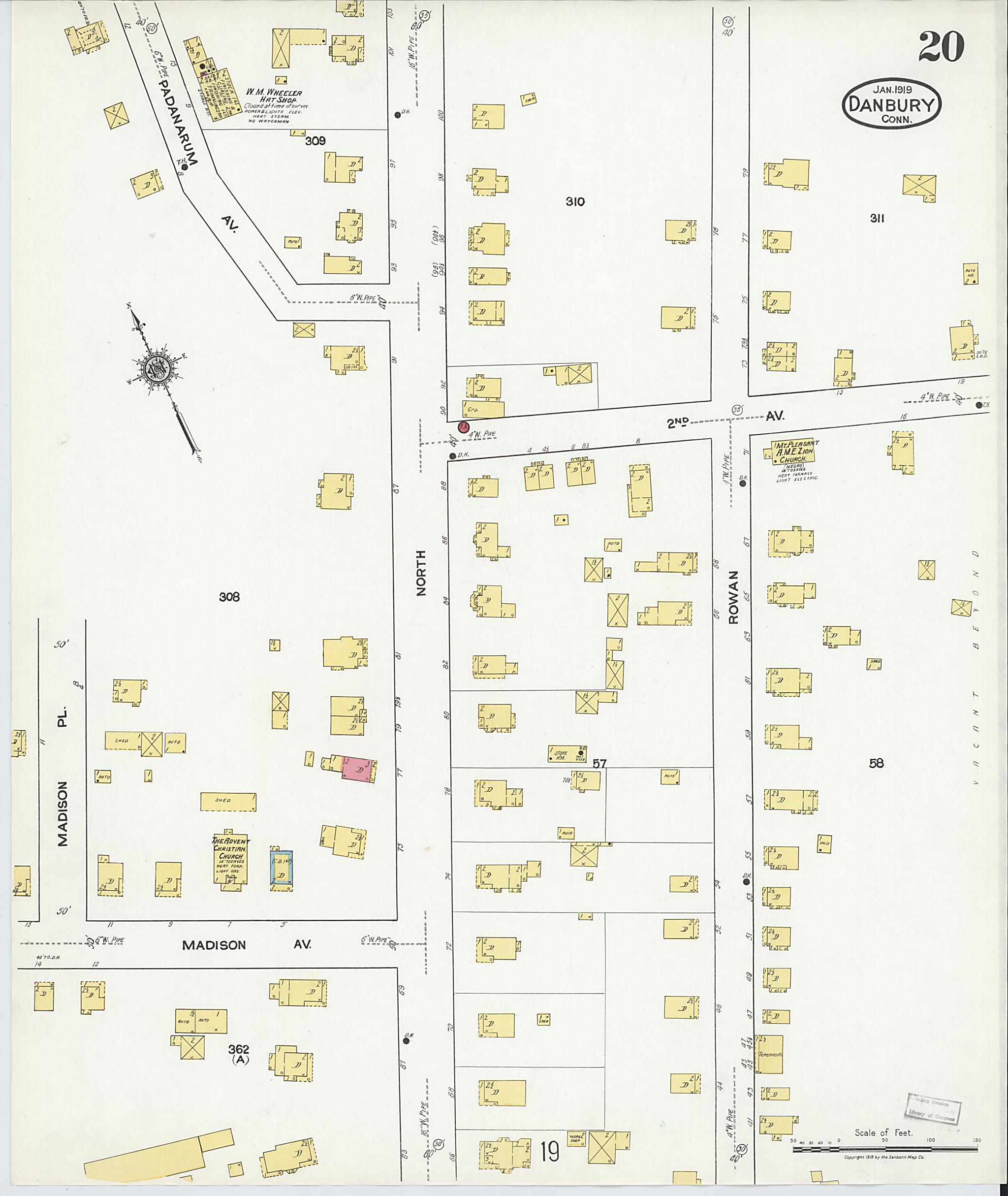 This old map of Danbury, Fairfield County, Connecticut was created by Sanborn Map Company in 1919