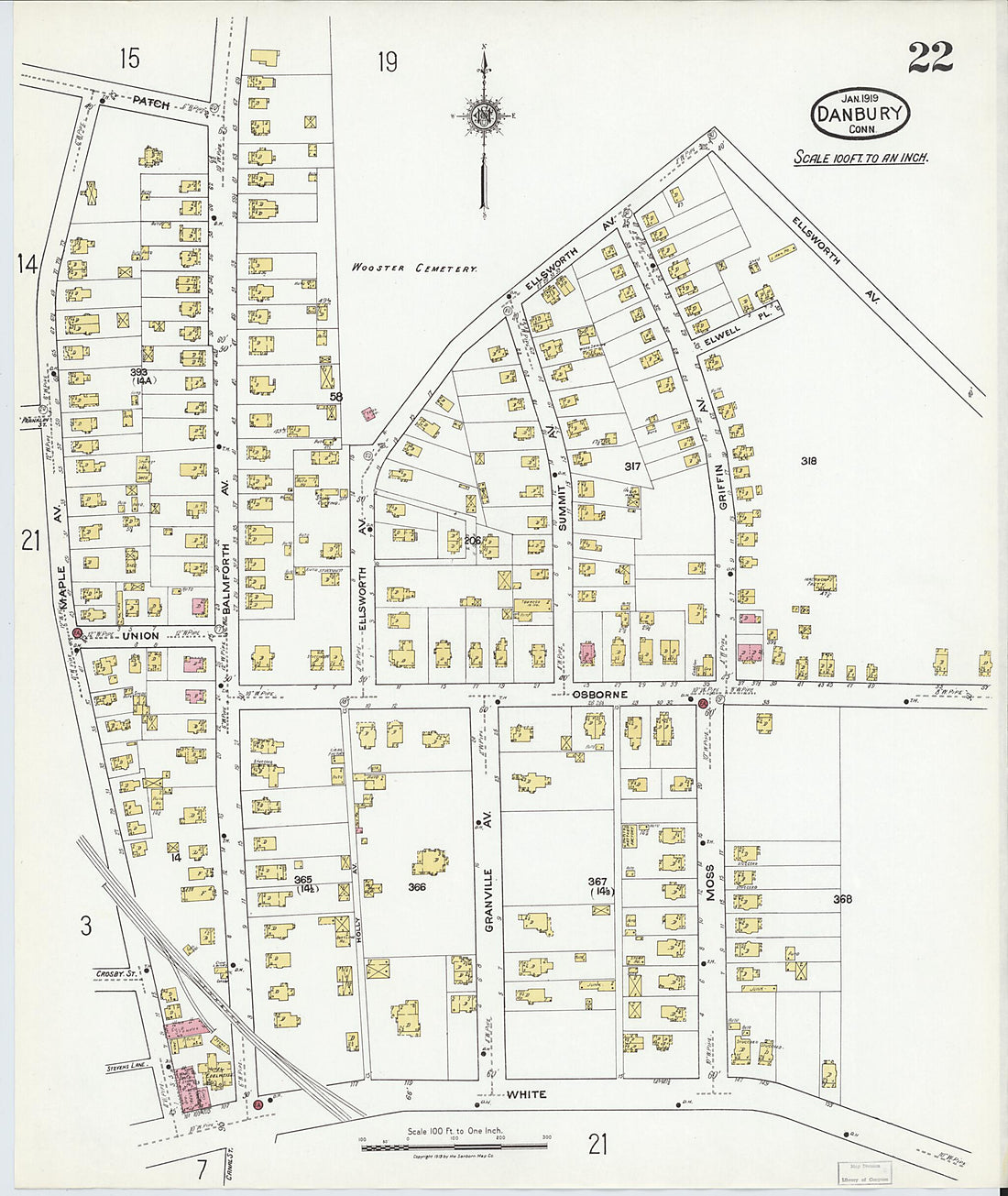 This old map of Danbury, Fairfield County, Connecticut was created by Sanborn Map Company in 1919