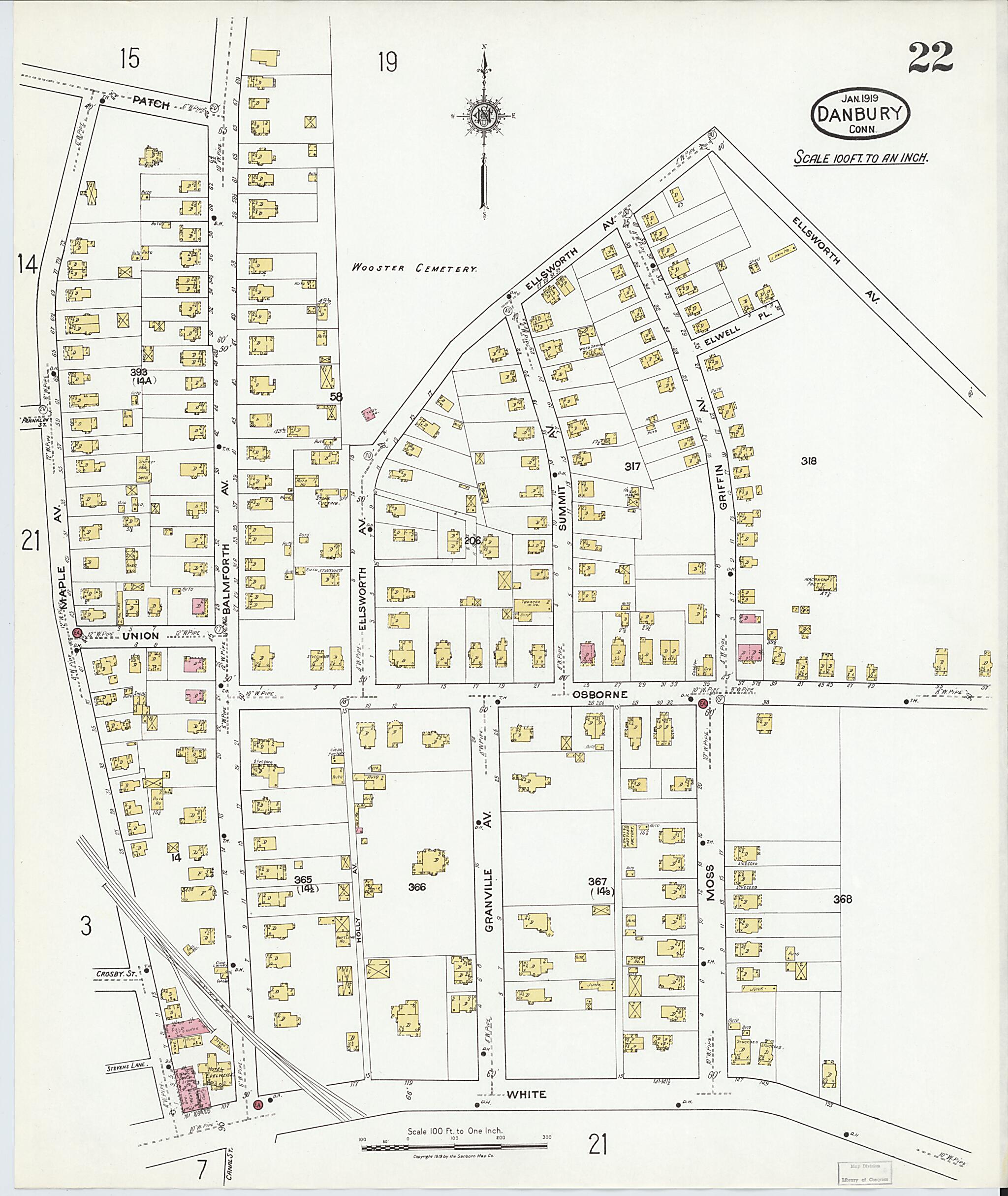 This old map of Danbury, Fairfield County, Connecticut was created by Sanborn Map Company in 1919