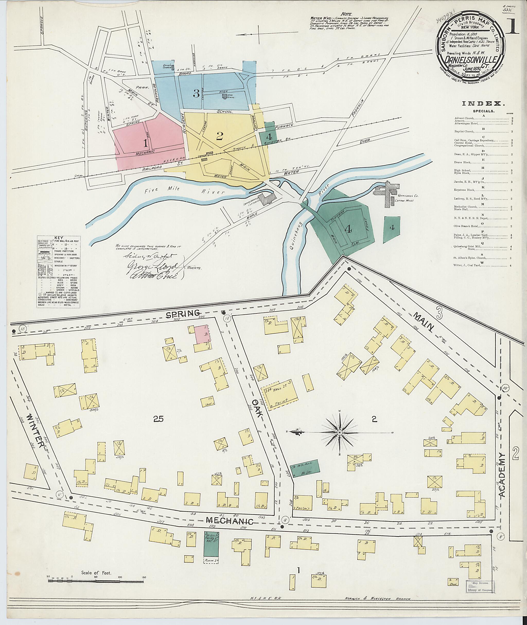 This old map of Danielsonville, Windham County, Connecticut was created by Sanborn Map Company in 1892