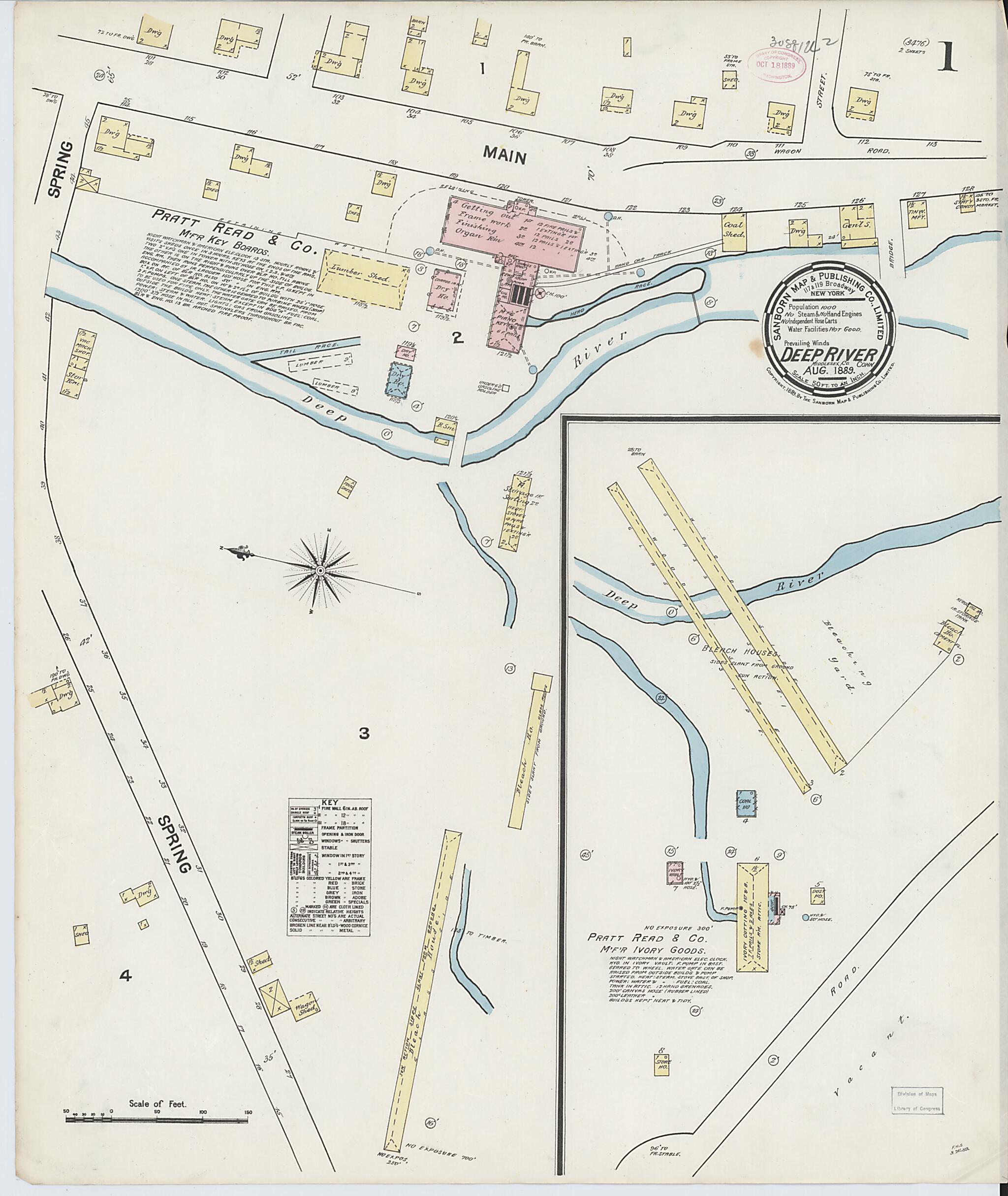This old map of Deep River, Middlesex County, Connecticut was created by Sanborn Map Company in 1889