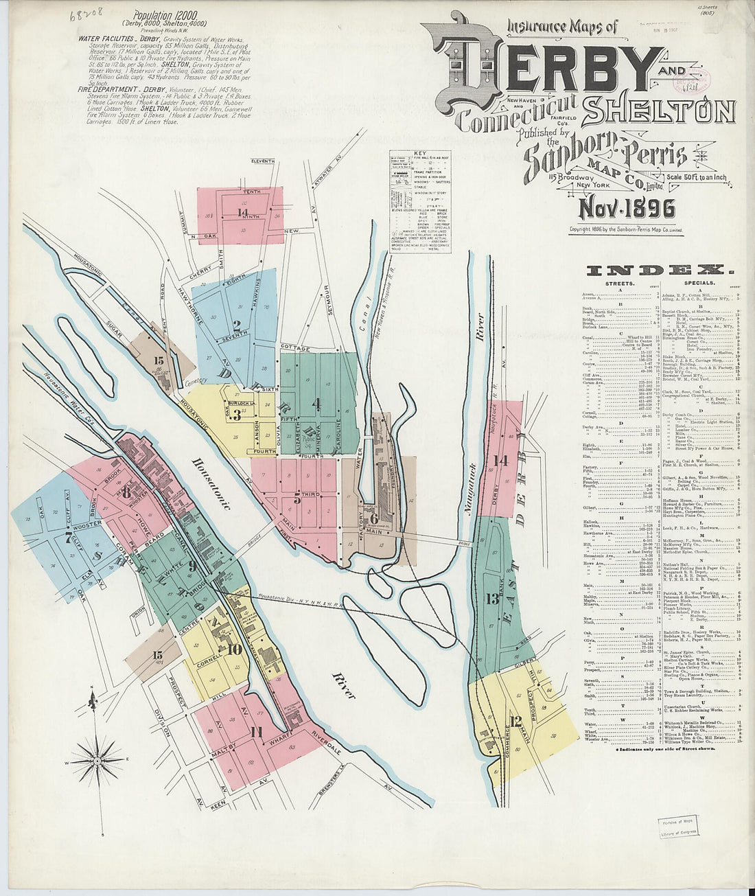 This old map of Derby, Shelton Fairfield County, Connecticut was created by Sanborn Map Company in 1896