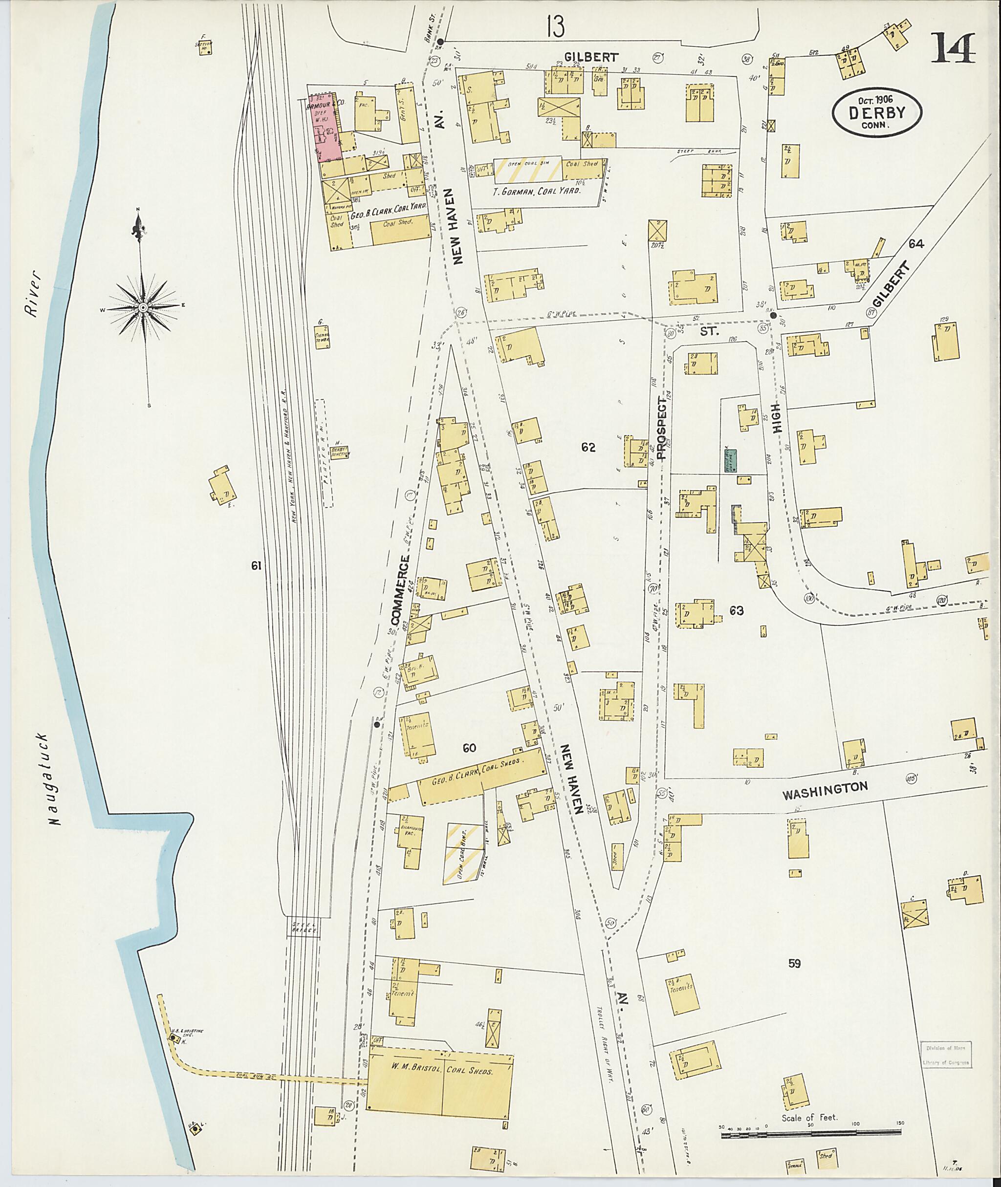 This old map of Derby, Shelton Fairfield County, Connecticut was created by Sanborn Map Company in 1906