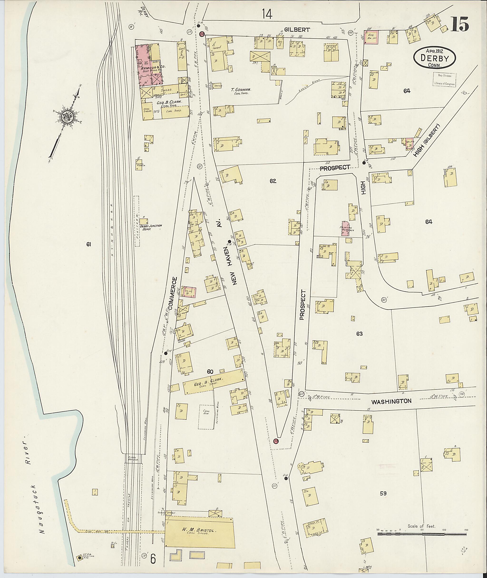 This old map of Derby, Shelton Fairfield County, Connecticut was created by Sanborn Map Company in 1912