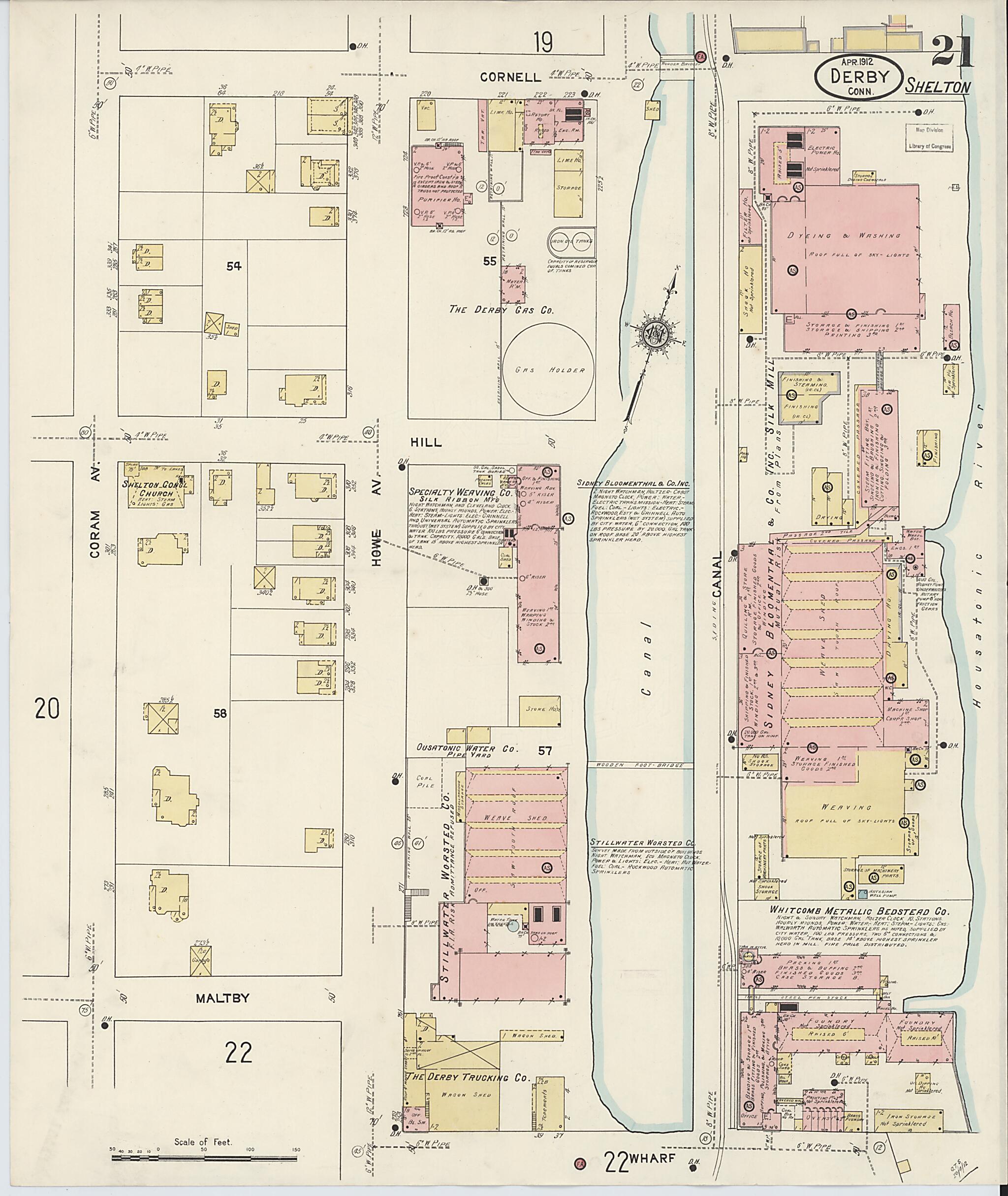 This old map of Derby, Shelton Fairfield County, Connecticut was created by Sanborn Map Company in 1912