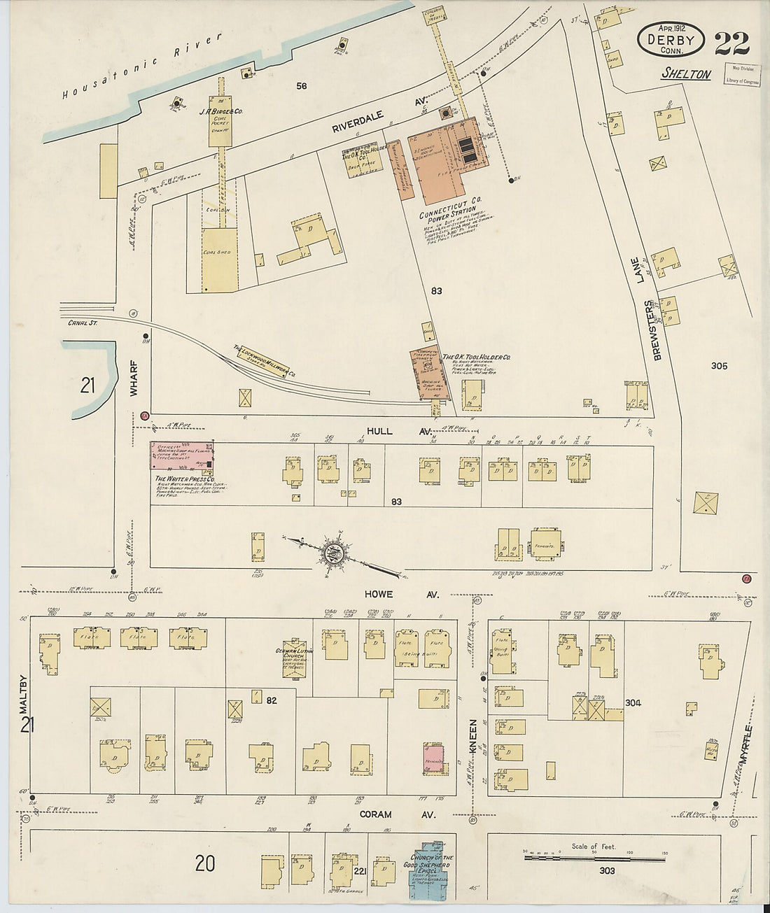 This old map of Derby, Shelton Fairfield County, Connecticut was created by Sanborn Map Company in 1912