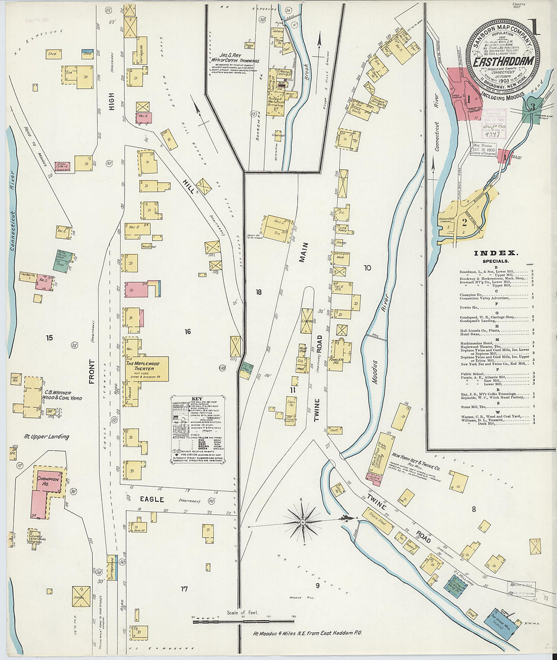 This old map of Moodus, Middlesex County, Connecticut was created by Sanborn Map Company in 1903