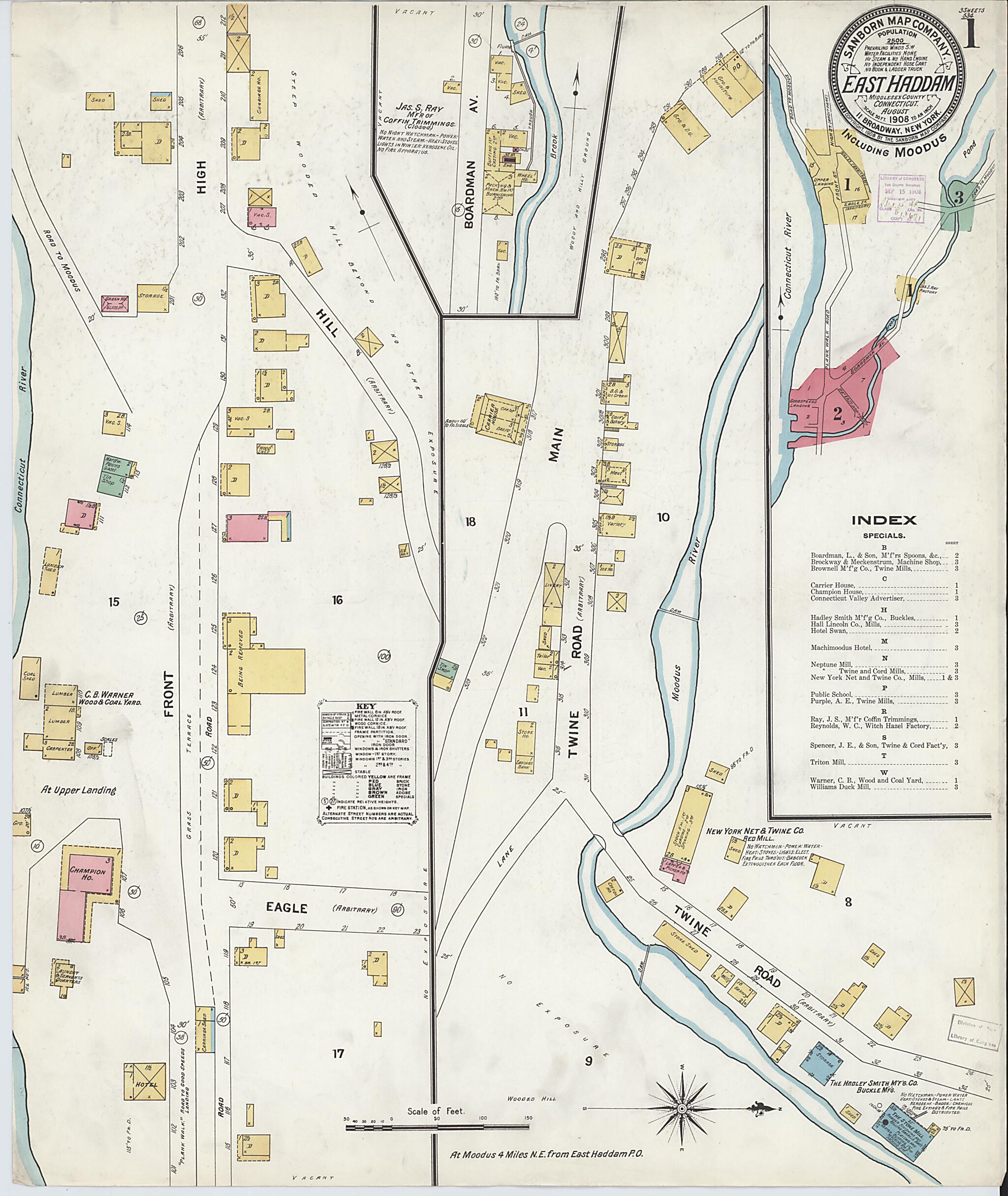 This old map of Moodus, Middlesex County, Connecticut was created by Sanborn Map Company in 1908