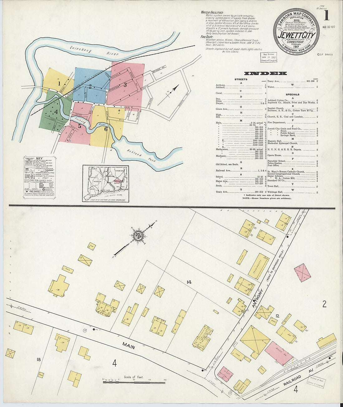 This old map of Jewett City, New London County, Connecticut was created by Sanborn Map Company in 1917