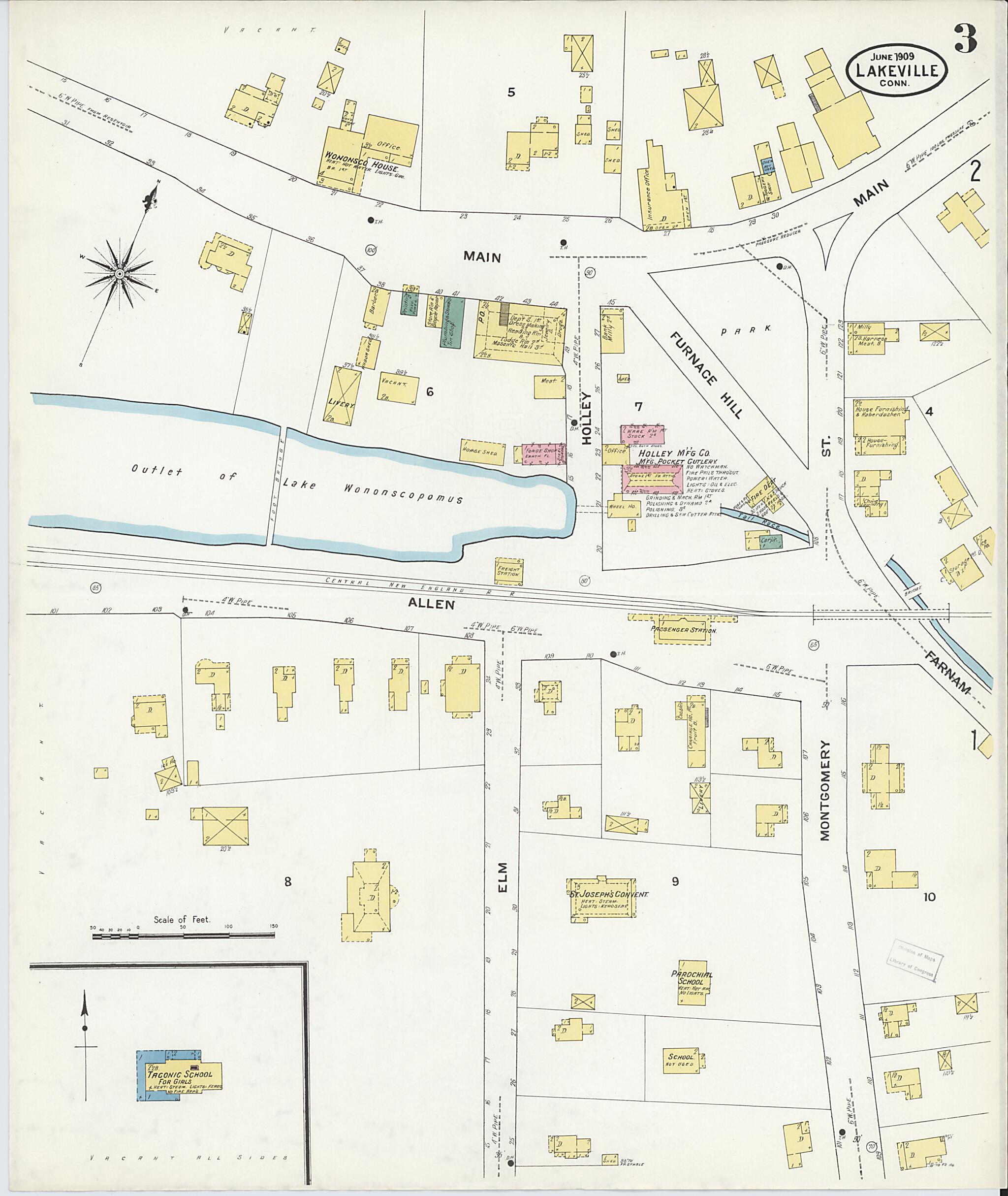 This old map of Lakeville, Litchfield County, Connecticut was created by Sanborn Map Company in 1909