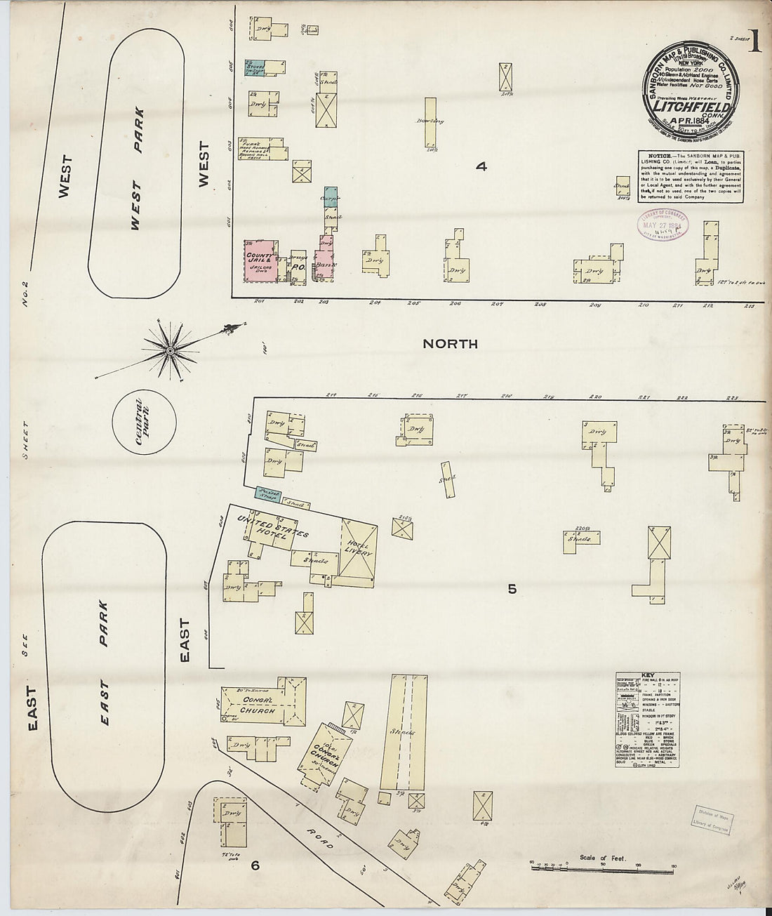 This old map of Litchfield, Litchfield County, Connecticut was created by Sanborn Map Company in 1884