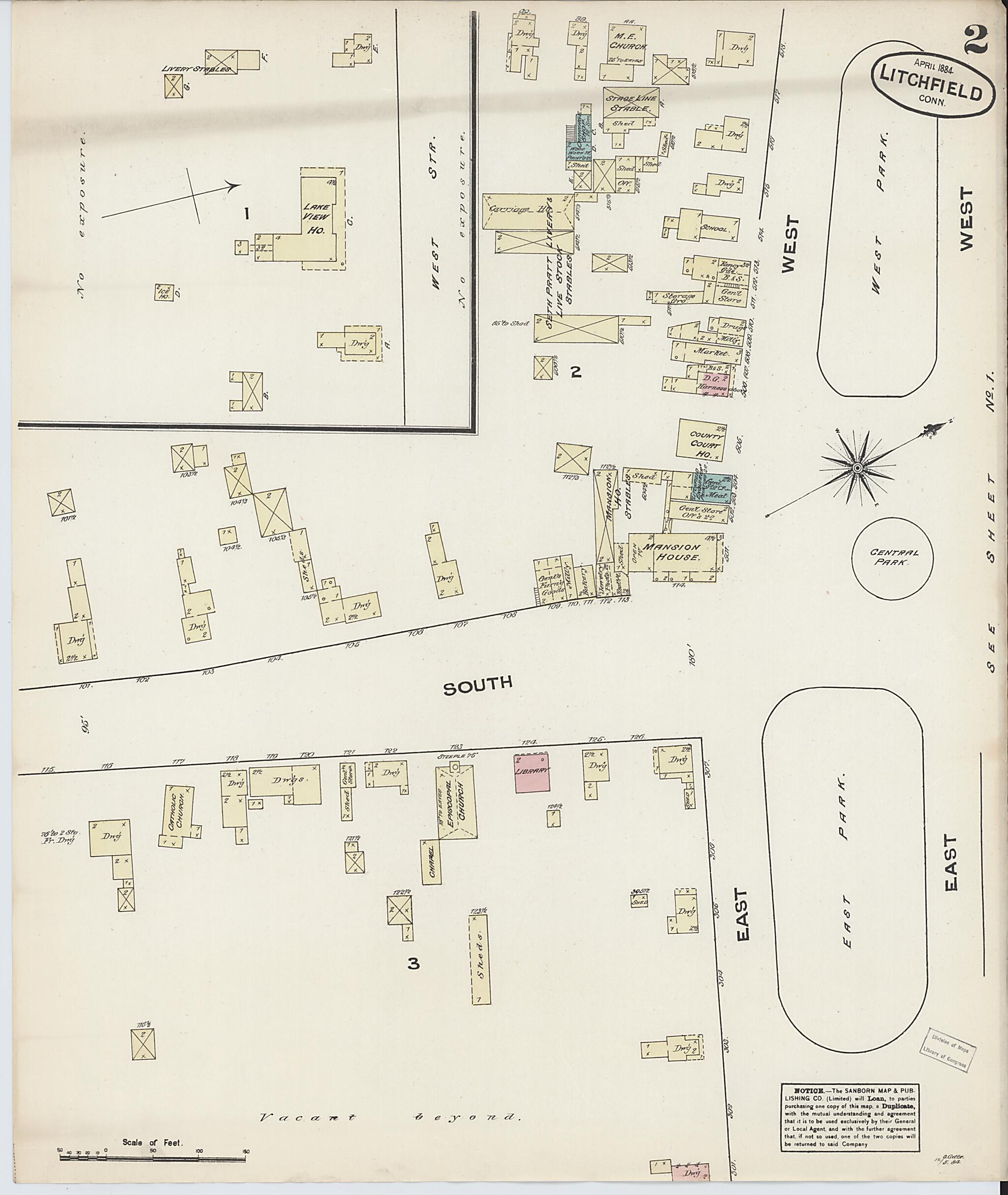 This old map of Litchfield, Litchfield County, Connecticut was created by Sanborn Map Company in 1884