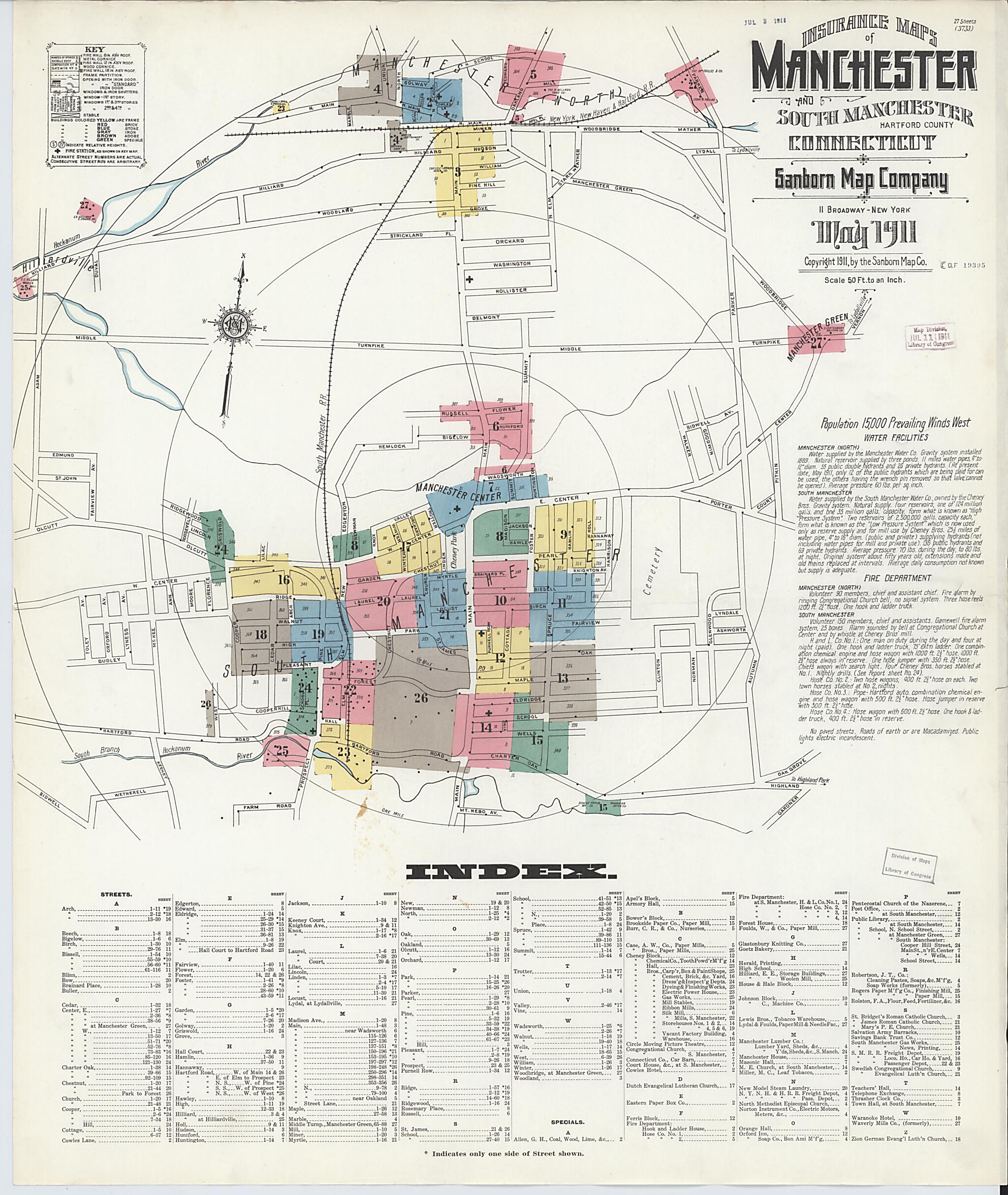 This old map of Manchester, Hartford County, Connecticut was created by Sanborn Map Company in 1911