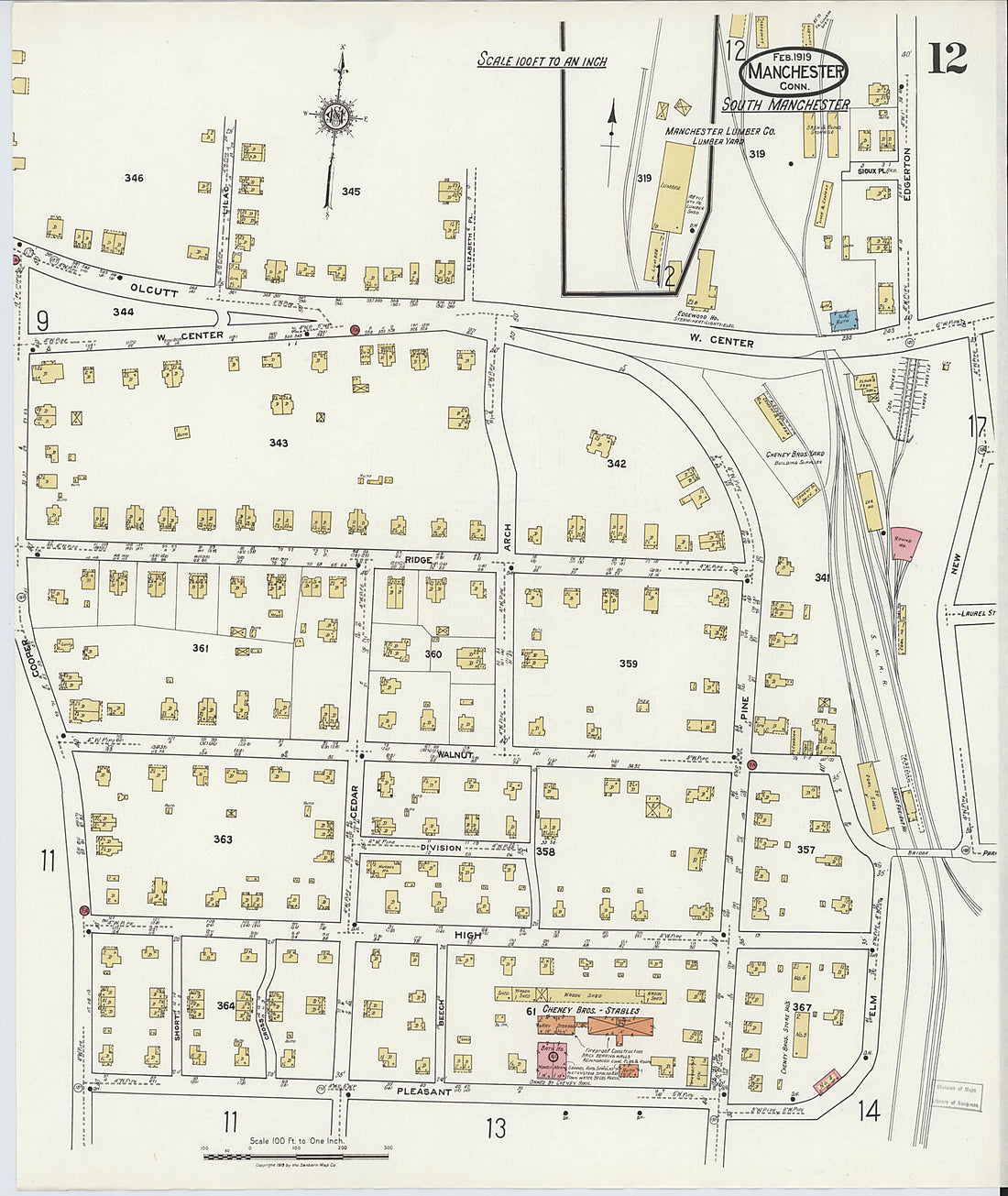This old map of Manchester, Hartford County, Connecticut was created by Sanborn Map Company in 1919