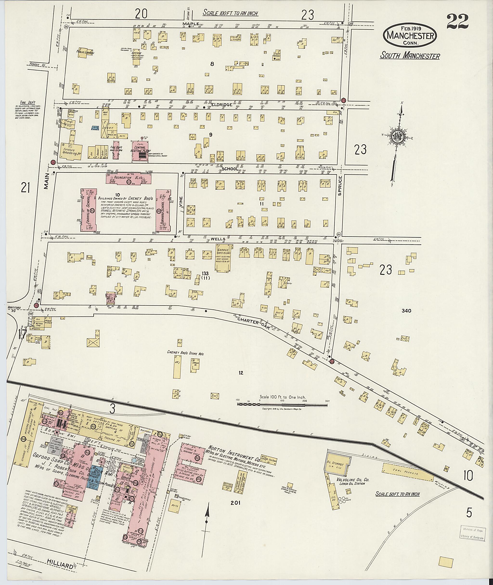 This old map of Manchester, Hartford County, Connecticut was created by Sanborn Map Company in 1919