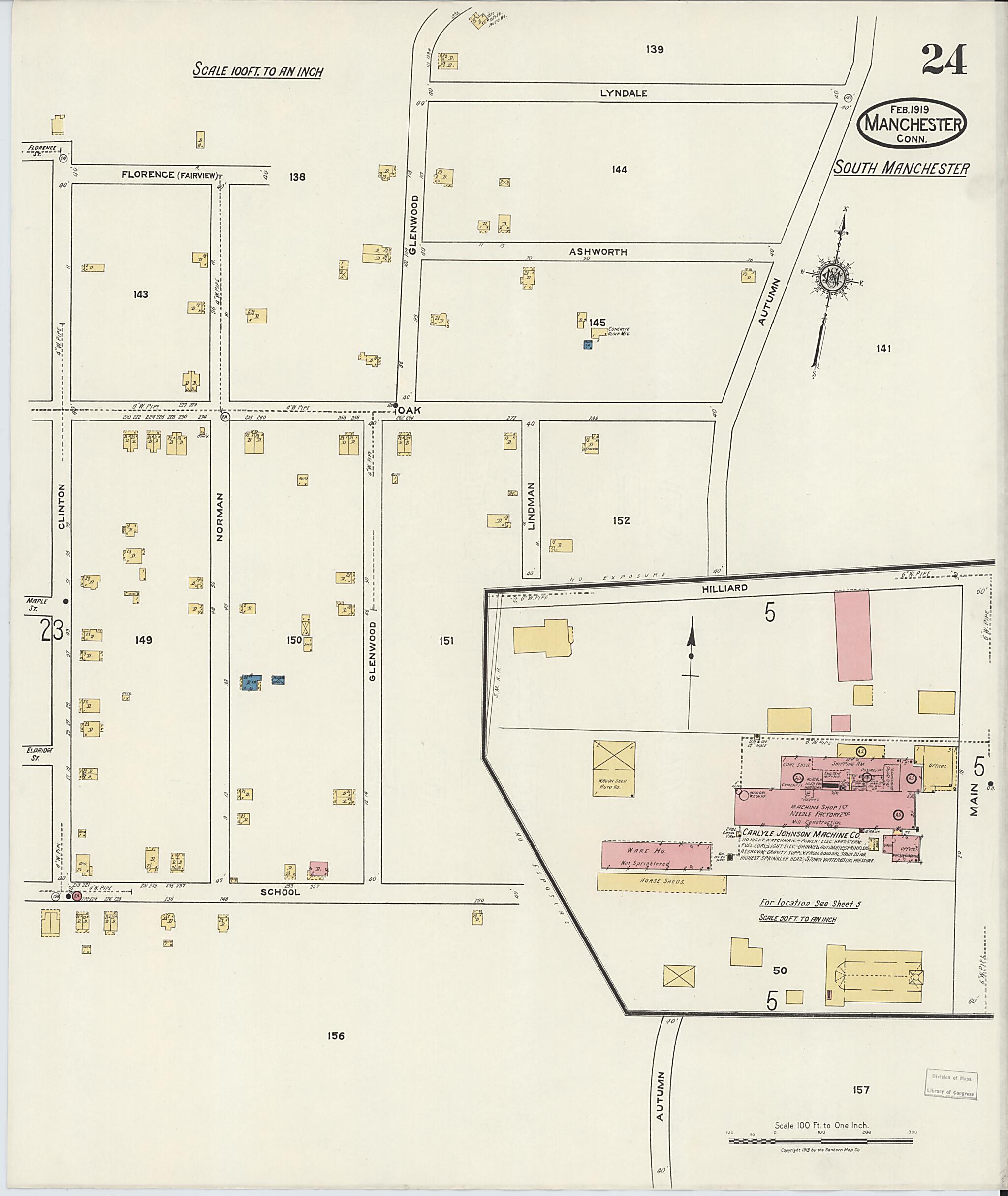 This old map of Manchester, Hartford County, Connecticut was created by Sanborn Map Company in 1919