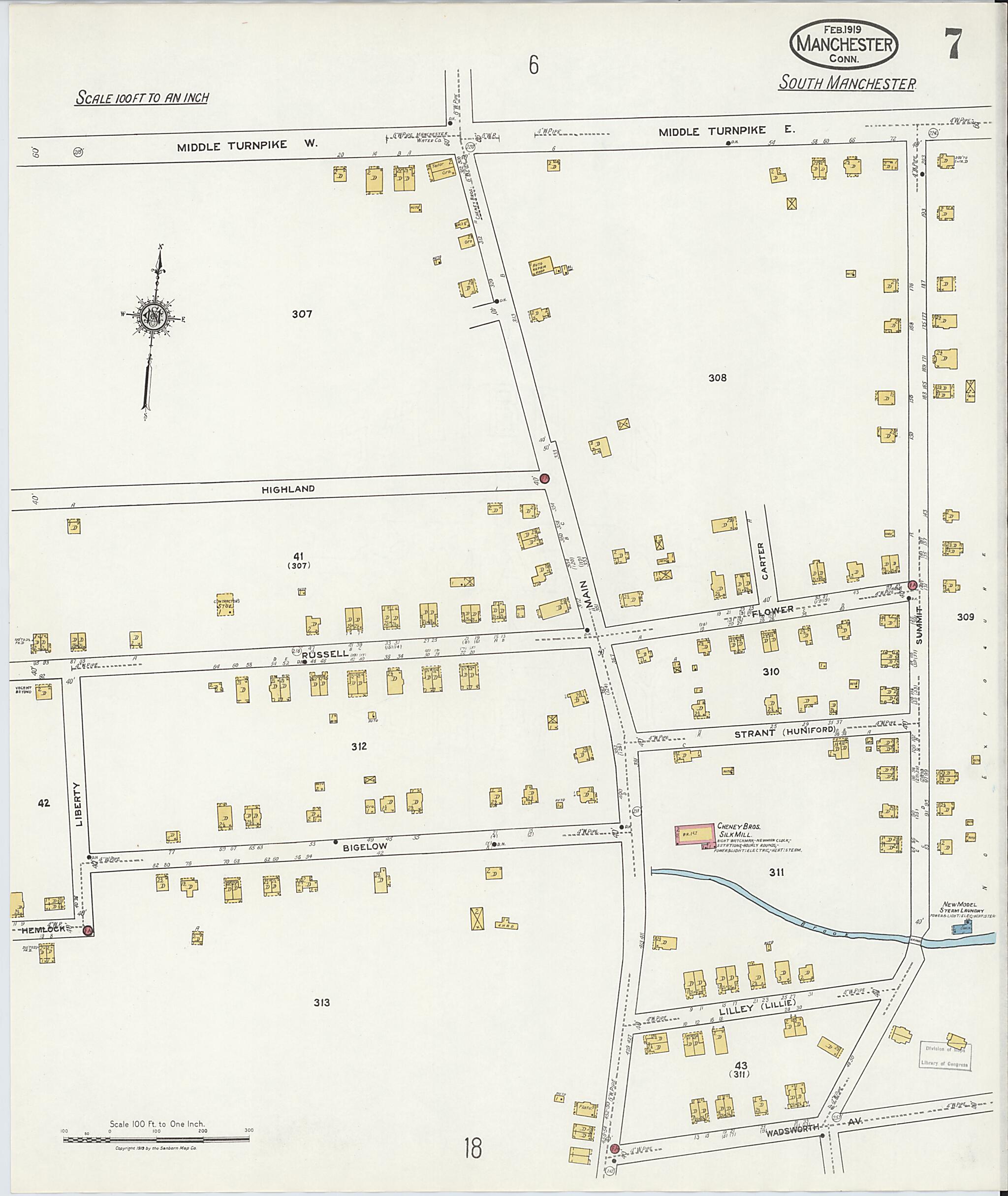 This old map of Manchester, Hartford County, Connecticut was created by Sanborn Map Company in 1919