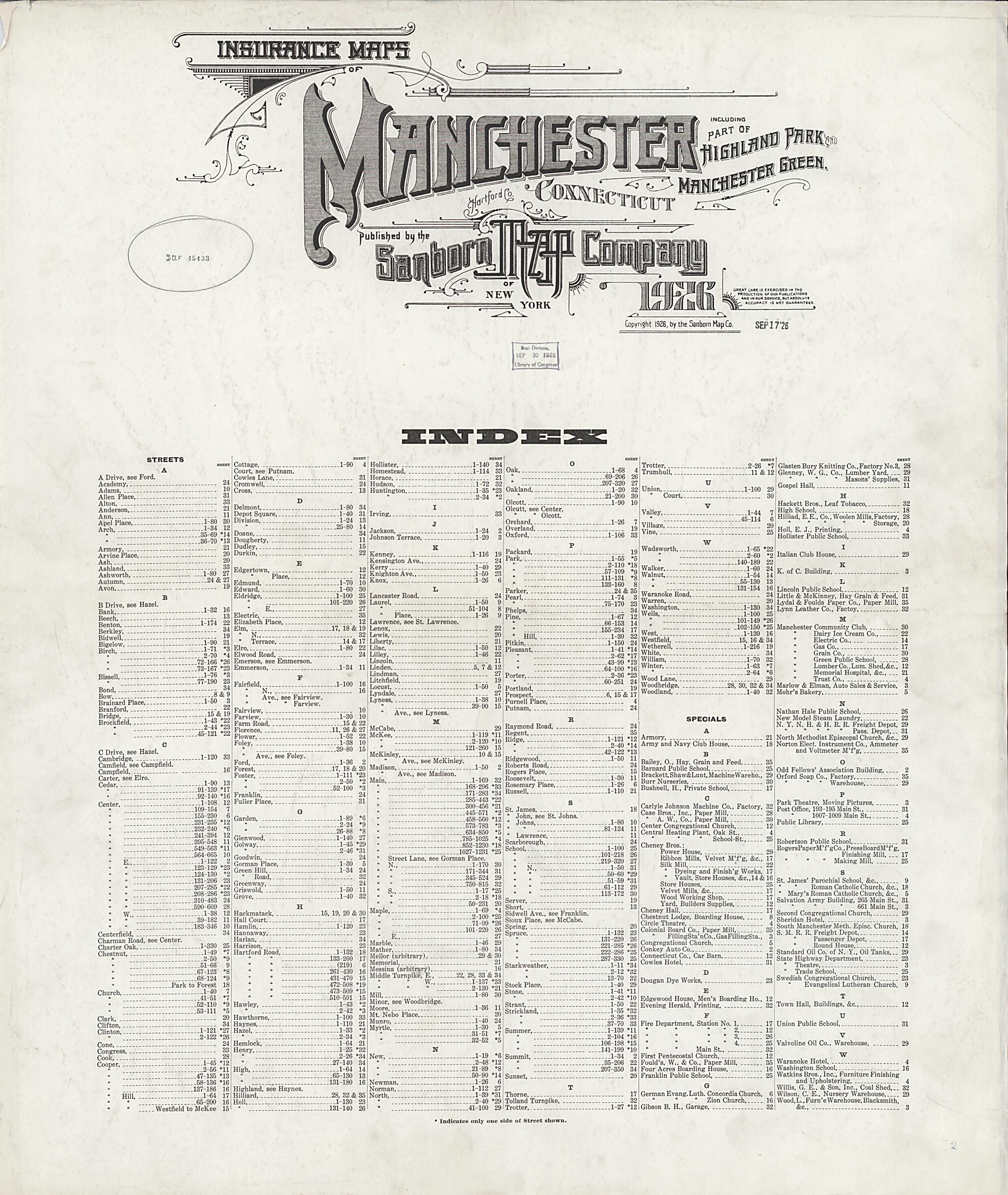 This old map of Manchester Green, Hartford County, Connecticut was created by Sanborn Map Company in 1926