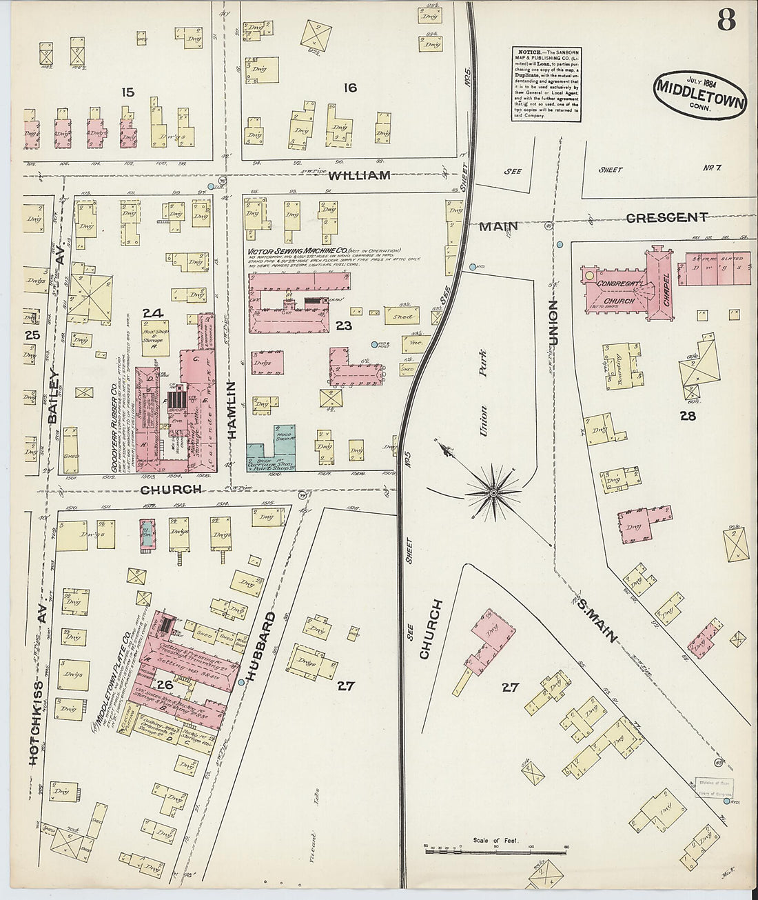 This old map of Middletown, Middlesex County, Connecticut was created by Sanborn Map Company in 1884