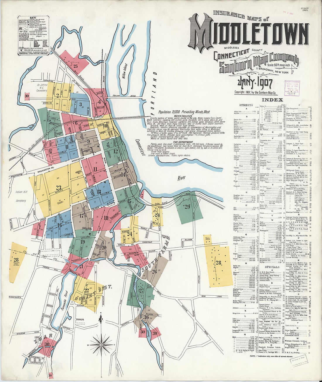 This old map of Middletown, Middlesex County, Connecticut was created by Sanborn Map Company in 1907