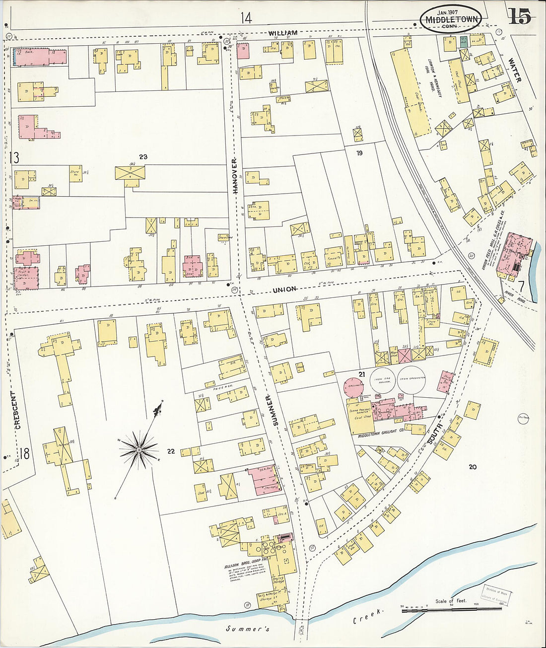 This old map of Middletown, Middlesex County, Connecticut was created by Sanborn Map Company in 1907