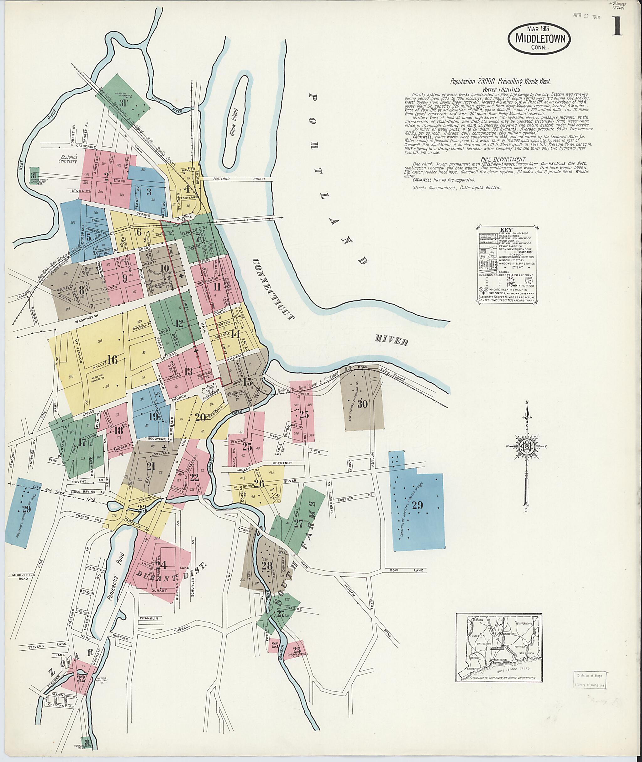 This old map of Middletown, Middlesex County, Connecticut was created by Sanborn Map Company in 1913