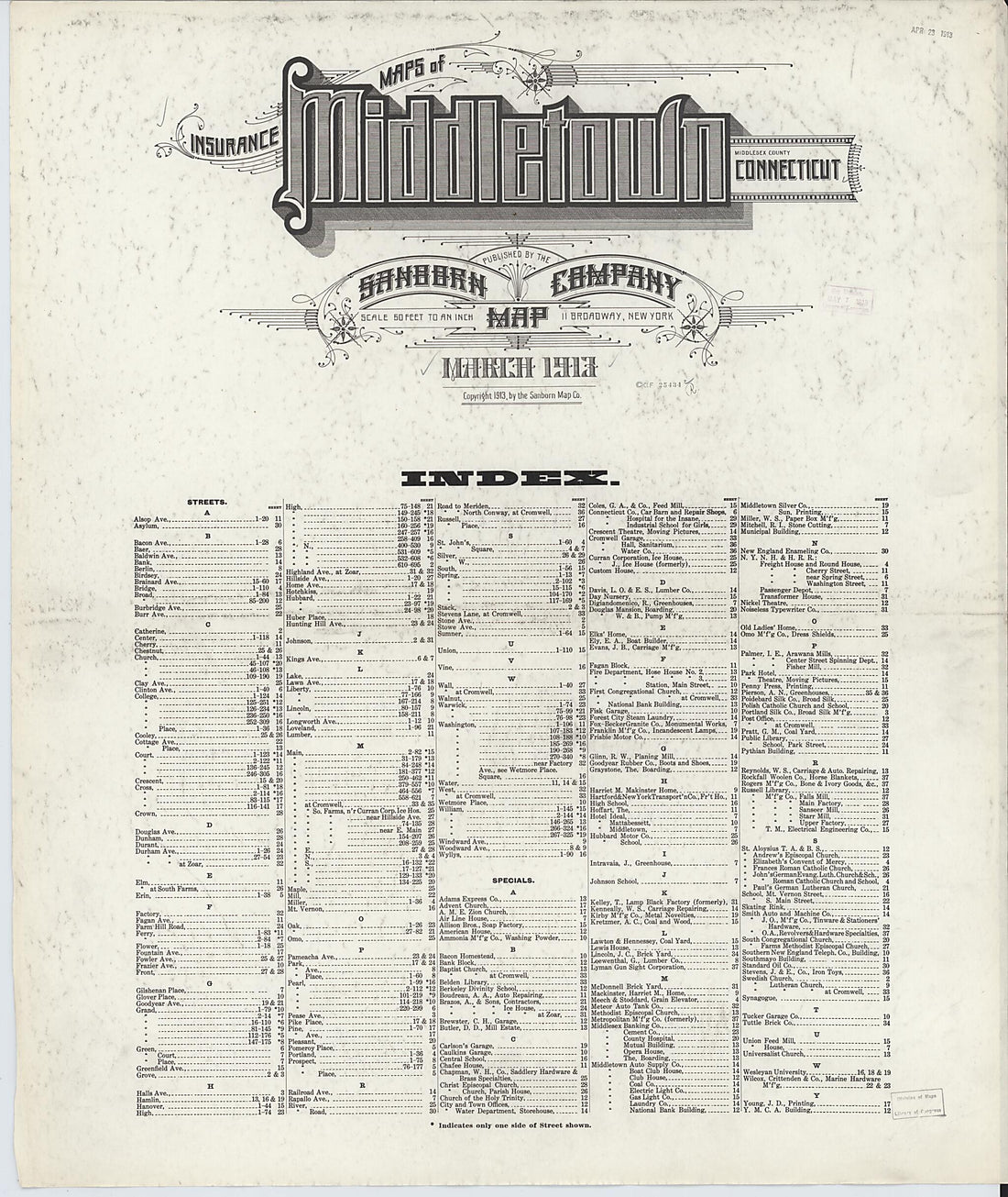 This old map of Middletown, Middlesex County, Connecticut was created by Sanborn Map Company in 1913