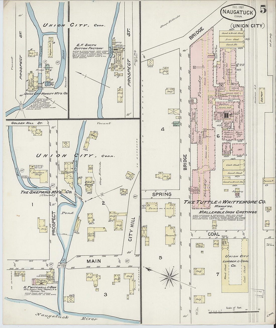 This old map of Naugatuck, New Haven County, Connecticut was created by Sanborn Map Company in 1887