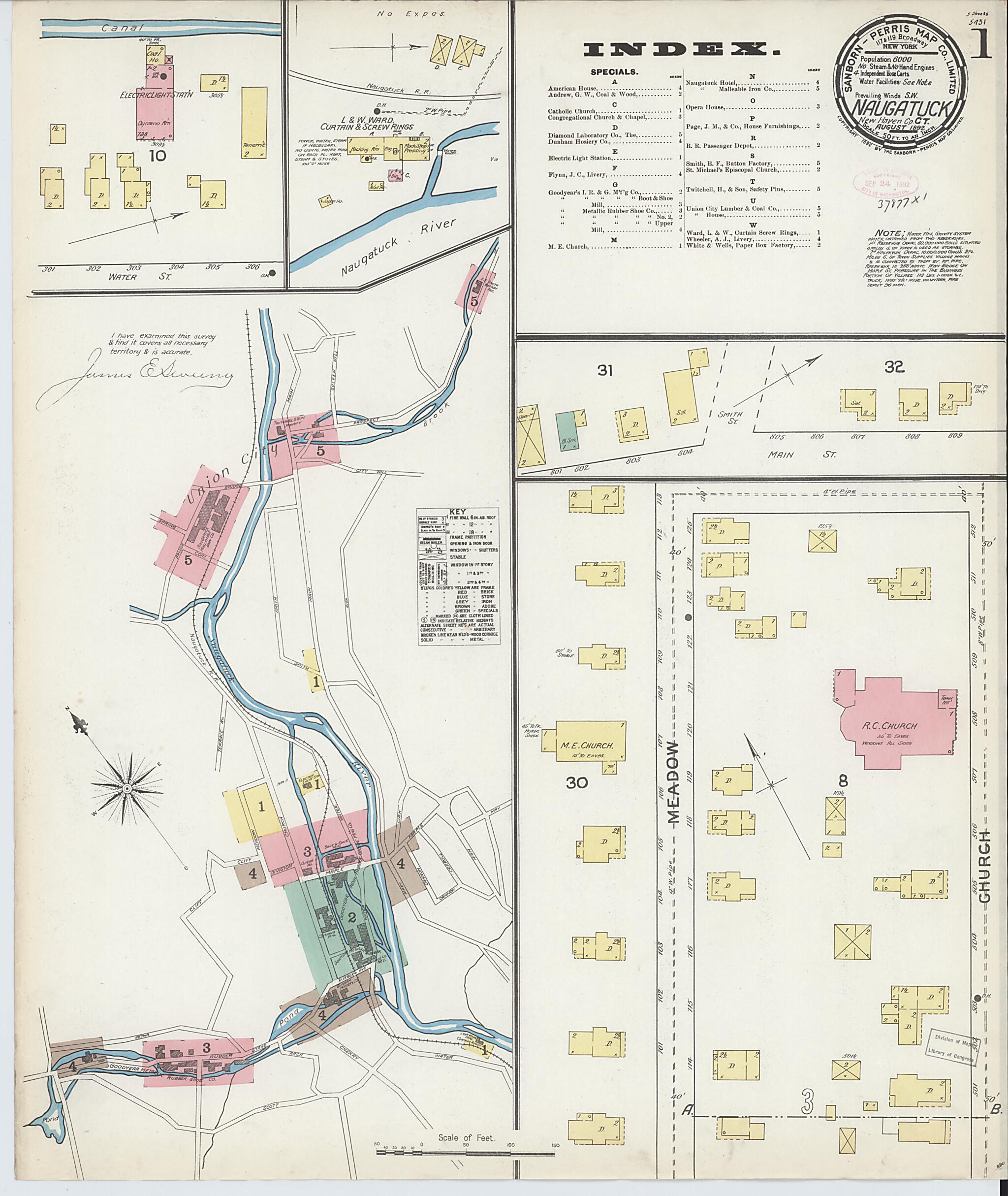 This old map of Naugatuck, New Haven County, Connecticut was created by Sanborn Map Company in 1892