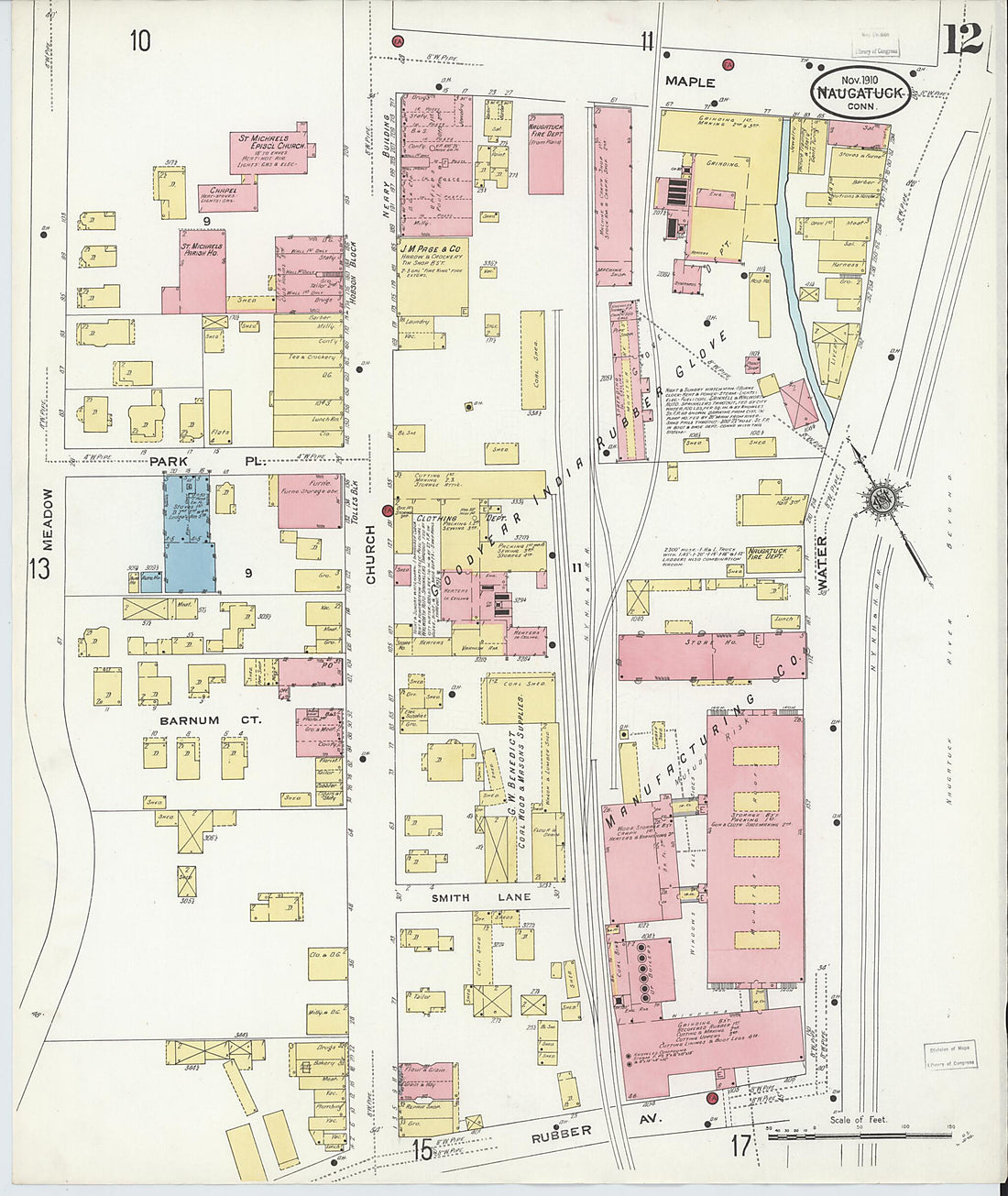 This old map of Naugatuck, New Haven County, Connecticut was created by Sanborn Map Company in 1910