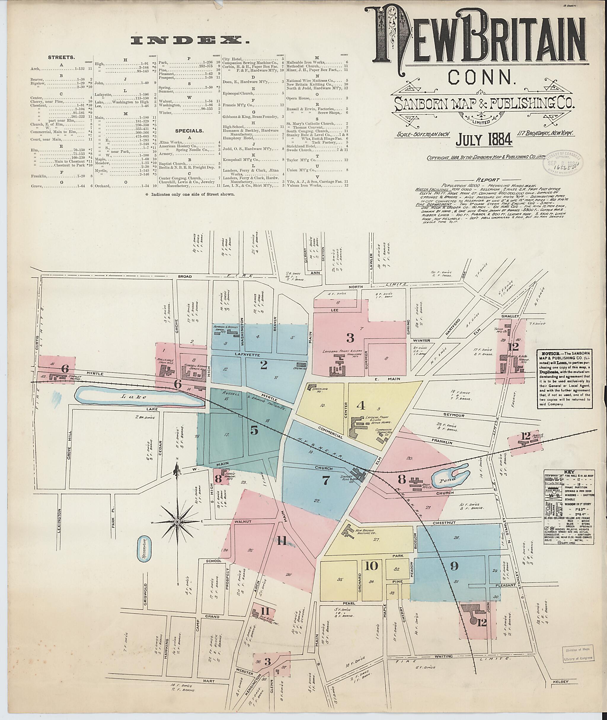 This old map of New Britain, Hartford County, Connecticut was created by Sanborn Map Company in 1884