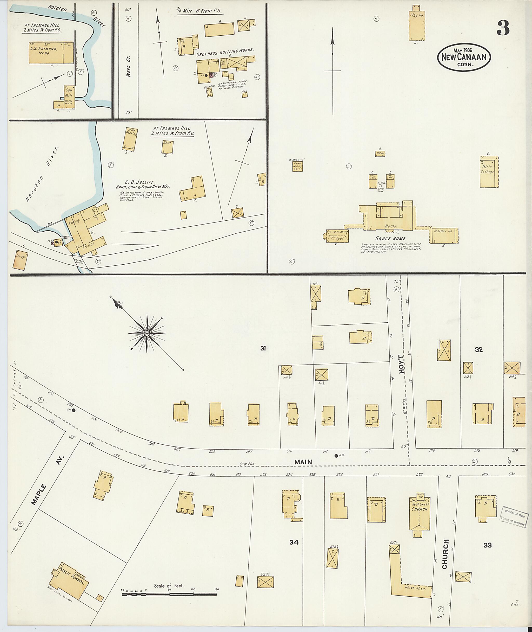 This old map of New Canaan, Fairfield County, Connecticut was created by Sanborn Map Company in 1906