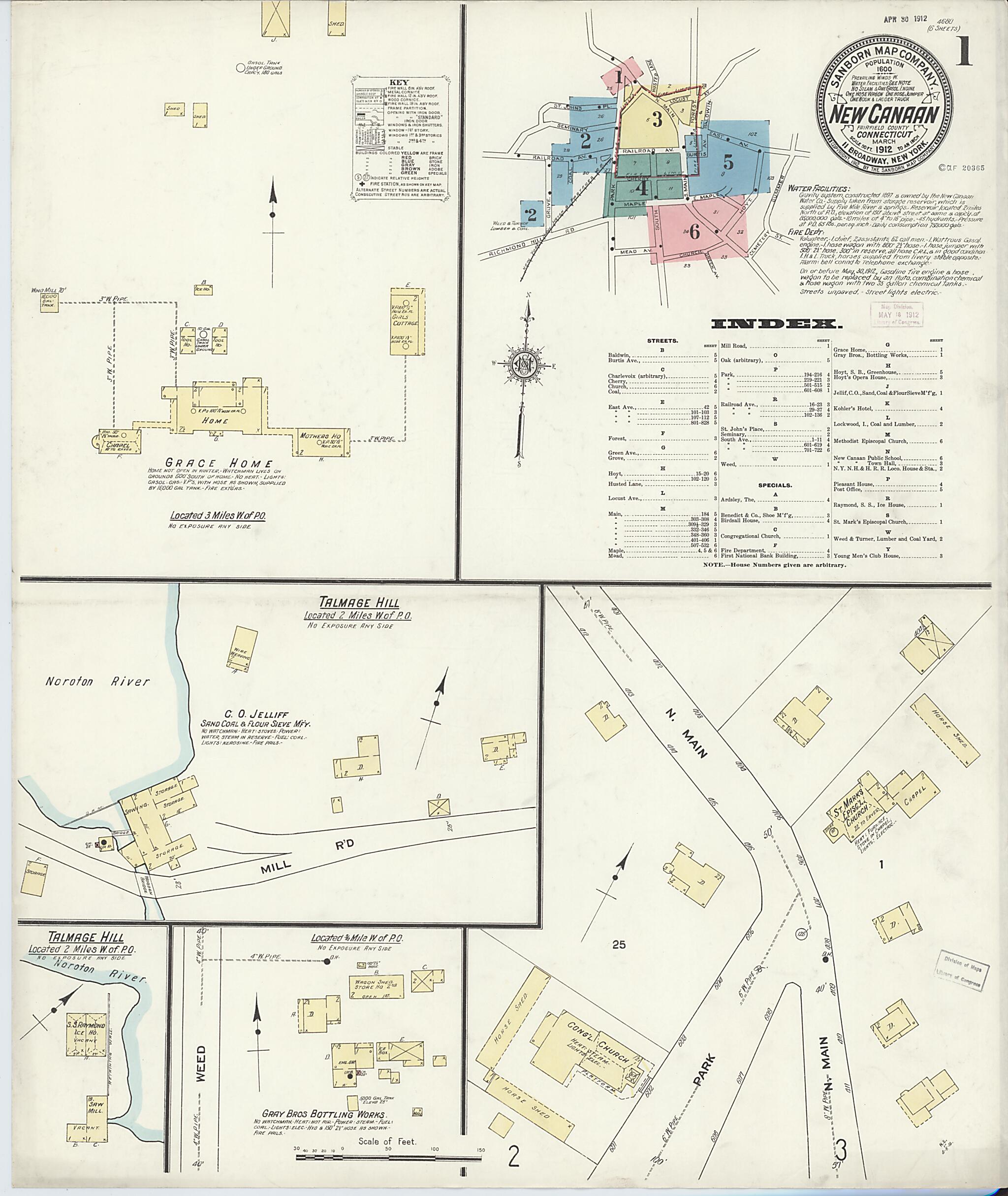 This old map of New Canaan, Fairfield County, Connecticut was created by Sanborn Map Company in 1912