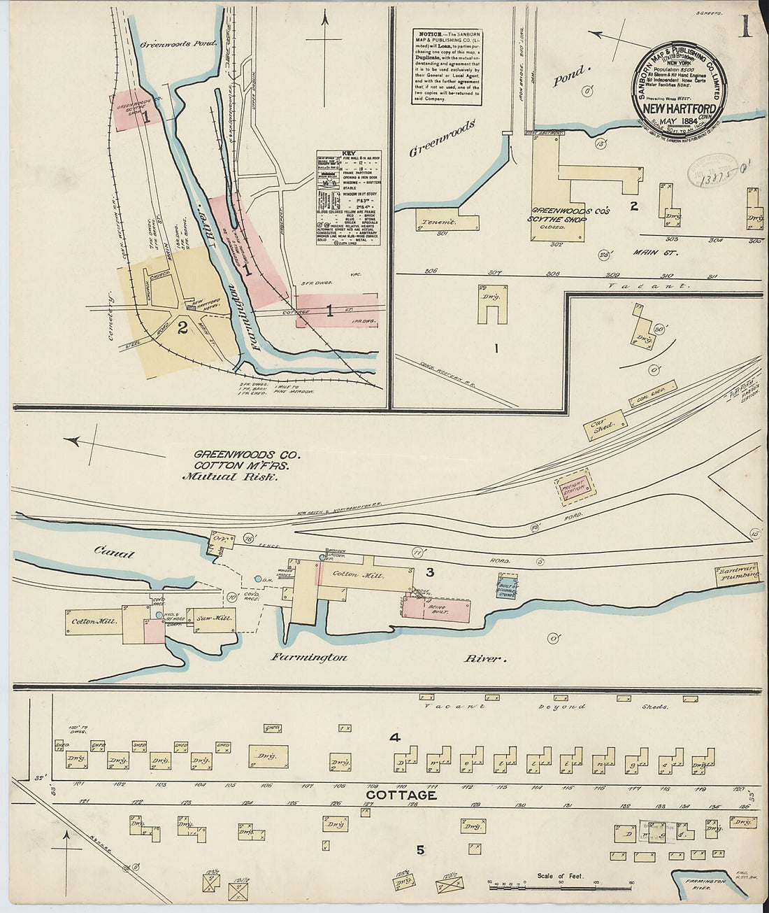 This old map of New Hartford, Litchfield County, Connecticut was created by Sanborn Map Company in 1884
