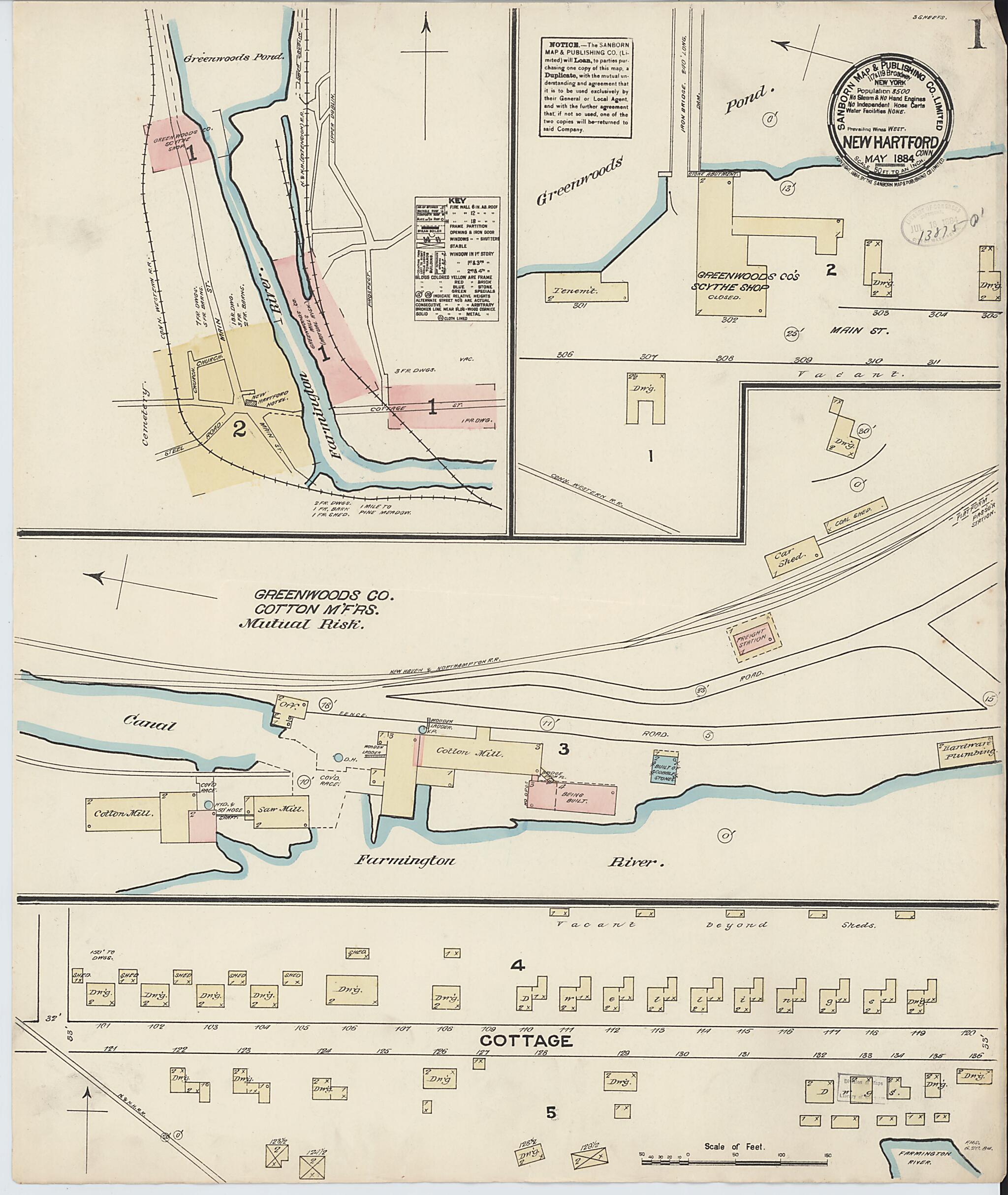 This old map of New Hartford, Litchfield County, Connecticut was created by Sanborn Map Company in 1884
