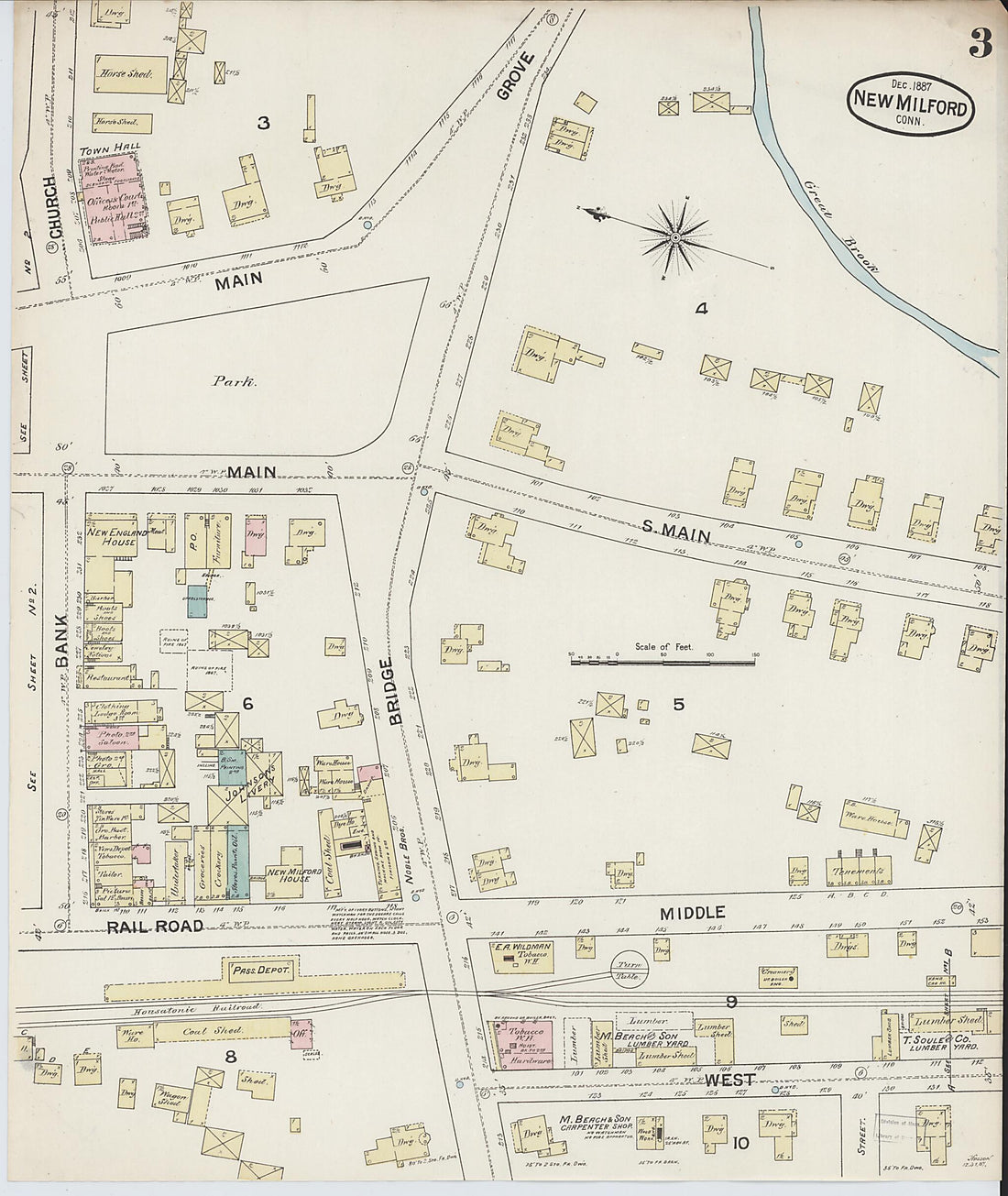 This old map of New Milford, Litchfield County, Connecticut was created by Sanborn Map Company in 1887