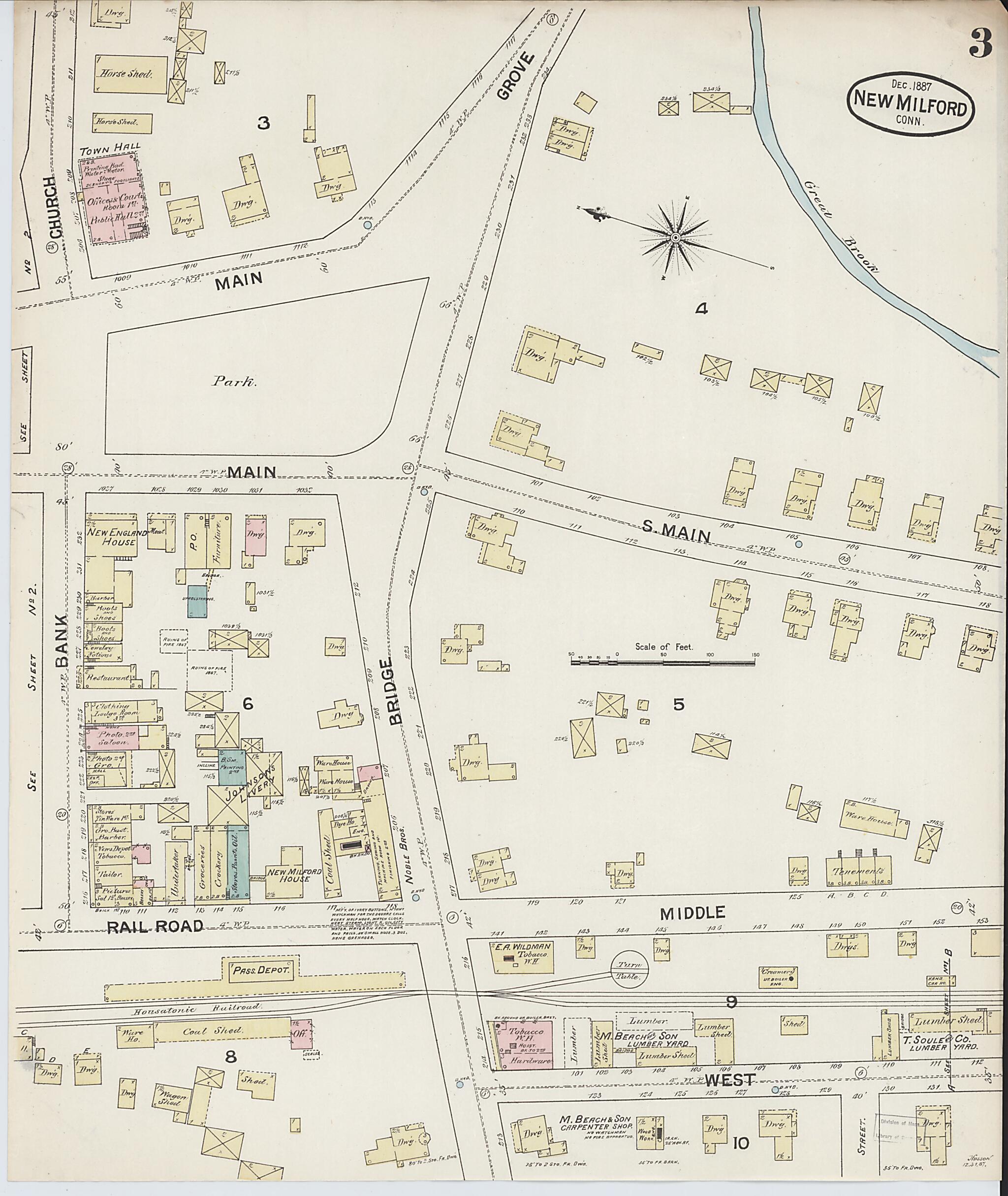 This old map of New Milford, Litchfield County, Connecticut was created by Sanborn Map Company in 1887