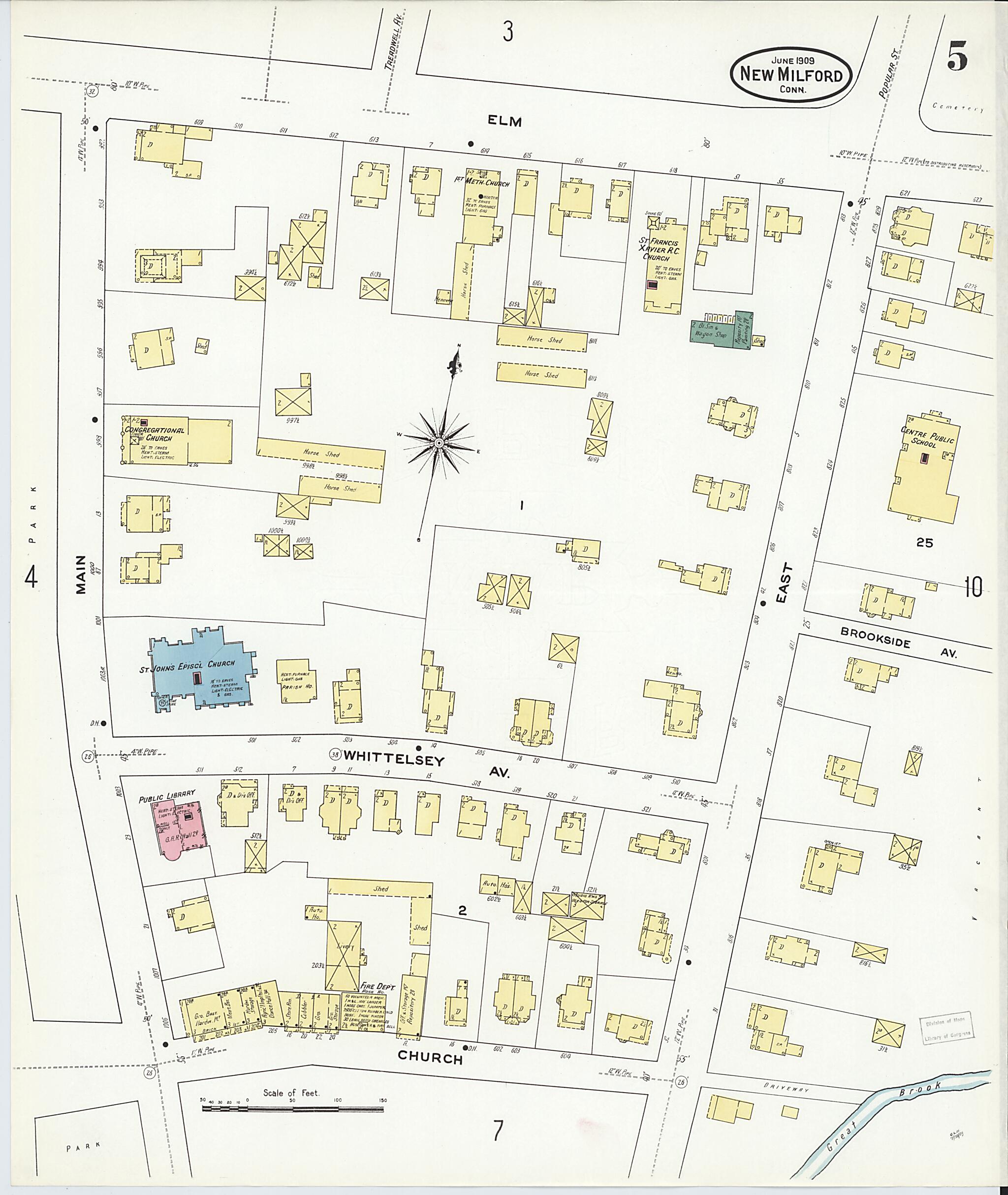 This old map of New Milford, Litchfield County, Connecticut was created by Sanborn Map Company in 1909