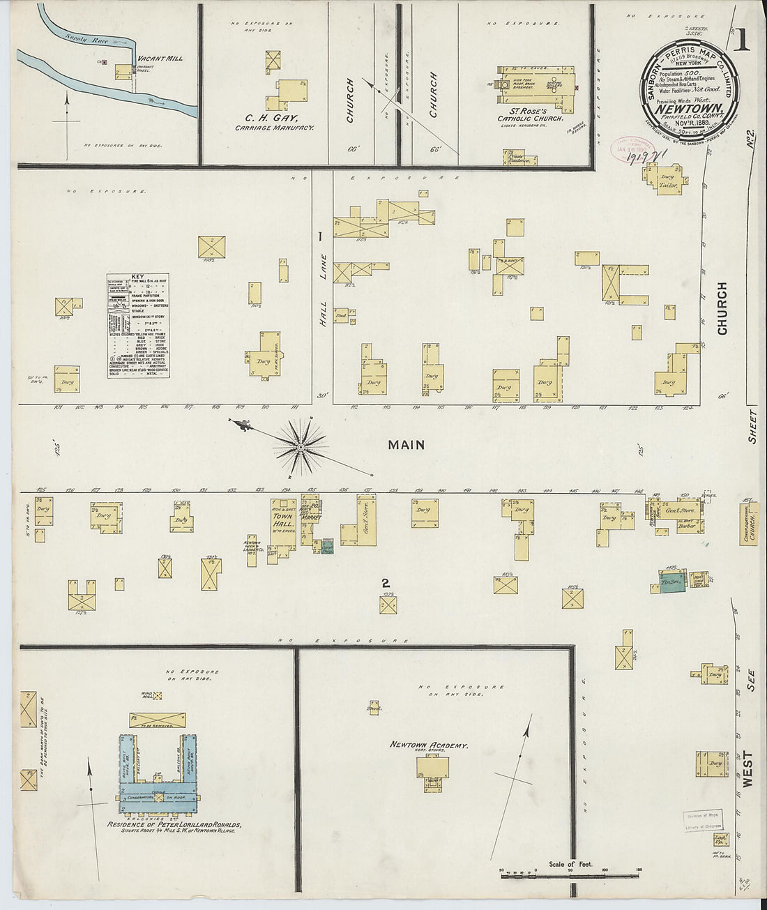 This old map of Newtown, Fairfield County, Connecticut was created by Sanborn Map Company in 1889